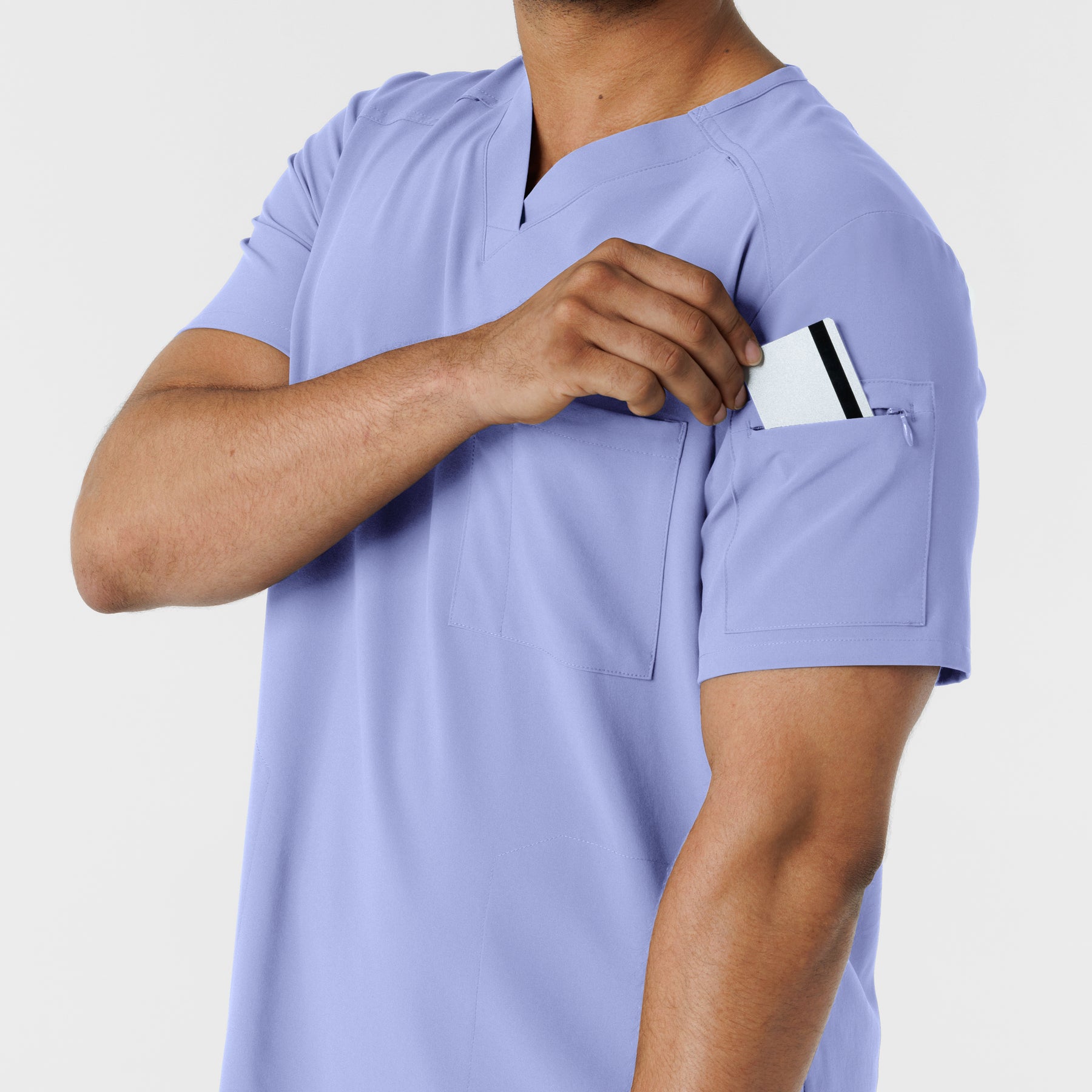 RENEW Men's V-Neck 5 Pocket Scrub Top Ceil Blue back detail