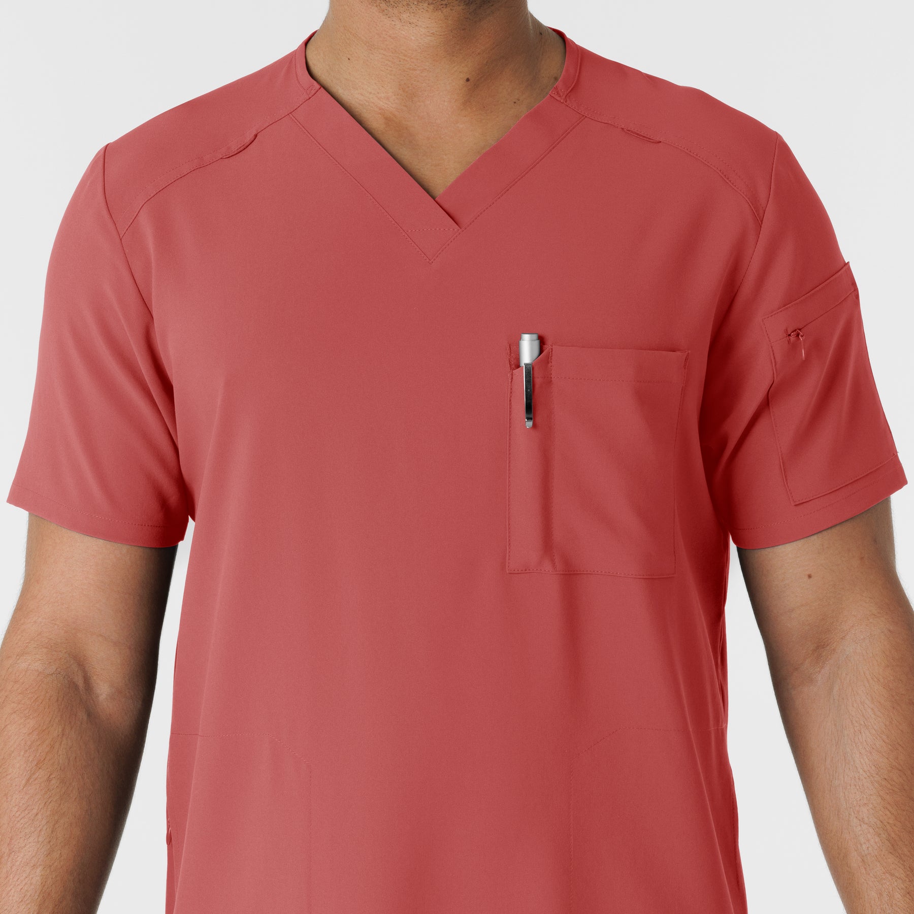 RENEW Men's V-Neck 5 Pocket Scrub Top - Mineral Red pen slot