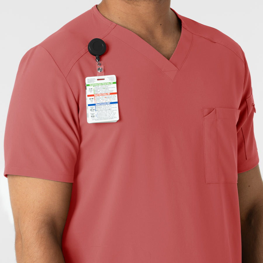 RENEW Men's V-Neck 5 Pocket Scrub Top - Mineral Red badge loop 1