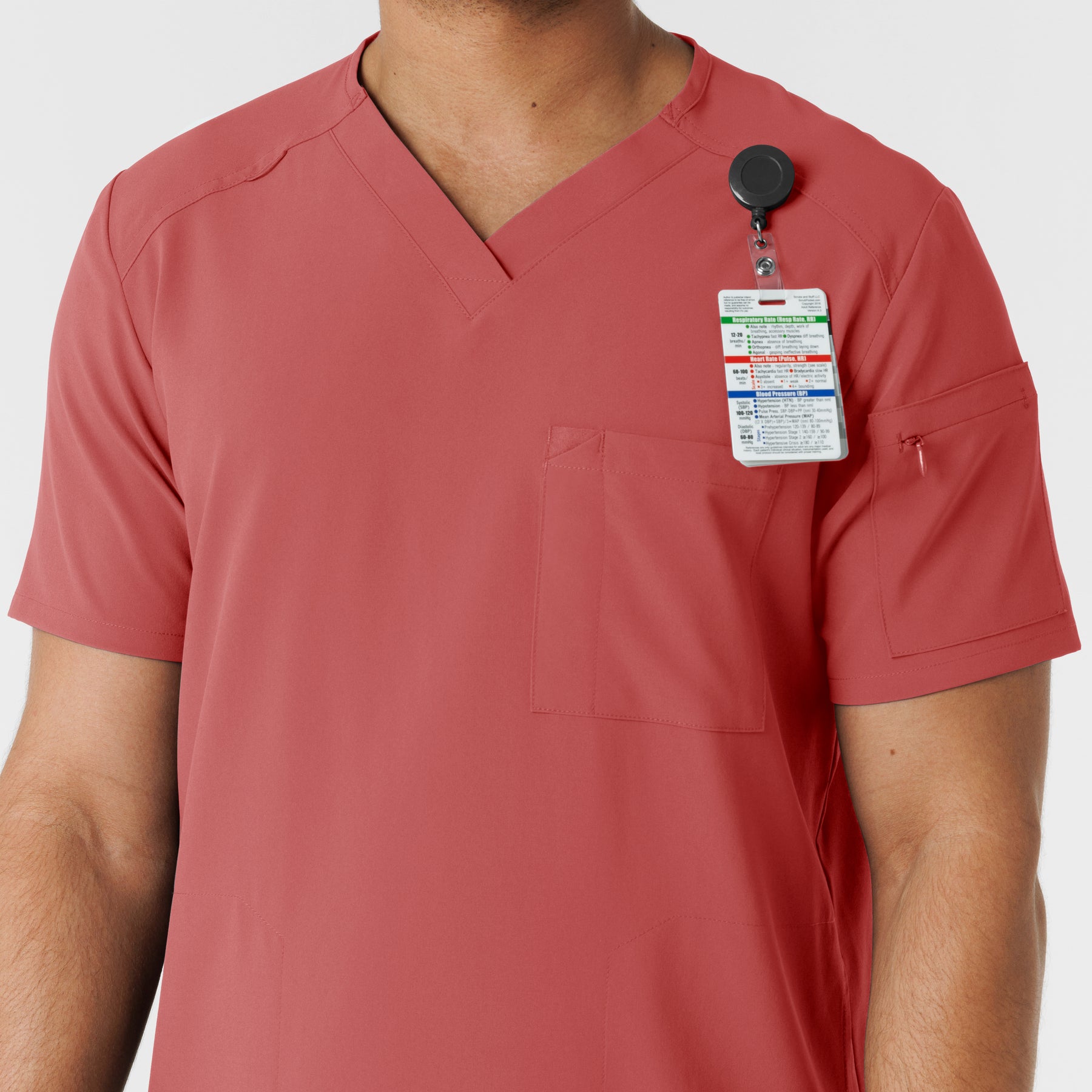RENEW Men's V-Neck 5 Pocket Scrub Top - Mineral Red badge loop 2