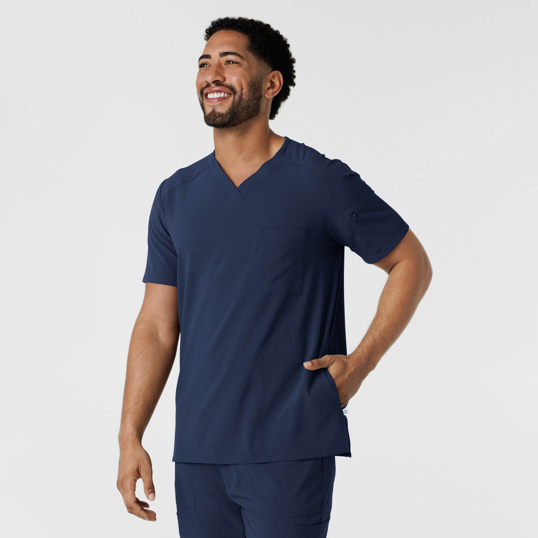 RENEW Men's V-Neck 5 Pocket Scrub Top Navy side view