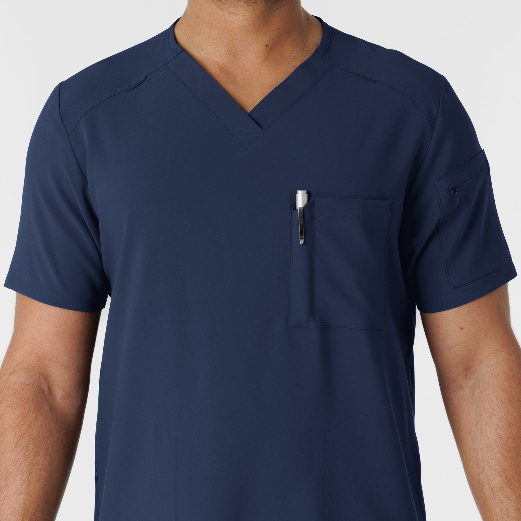 RENEW Men's V-Neck 5 Pocket Scrub Top Navy side detail 1