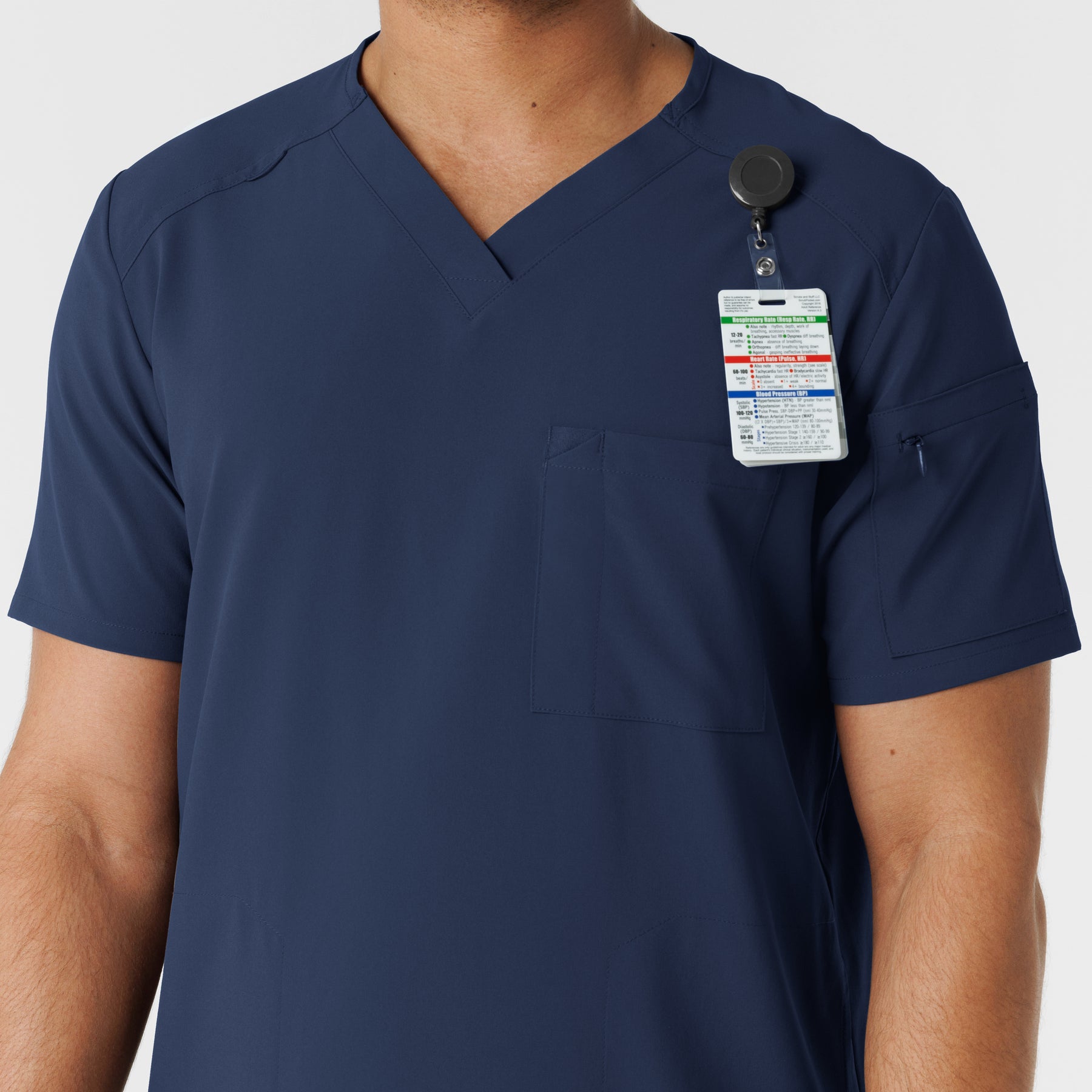 RENEW Men's V-Neck 5 Pocket Scrub Top Navy hemline detail