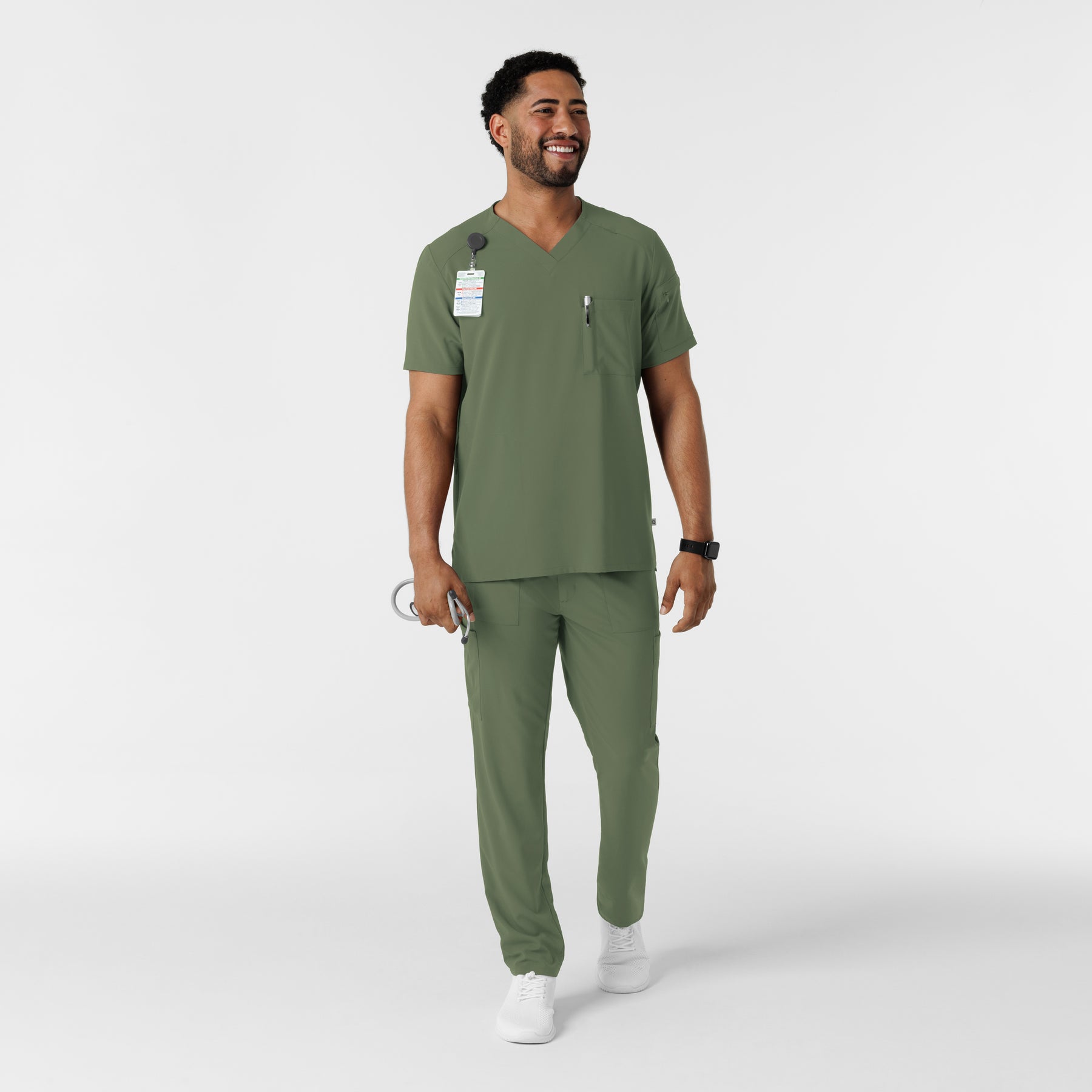 RENEW Men's V-Neck 5 Pocket Scrub Top Olive full scrub set