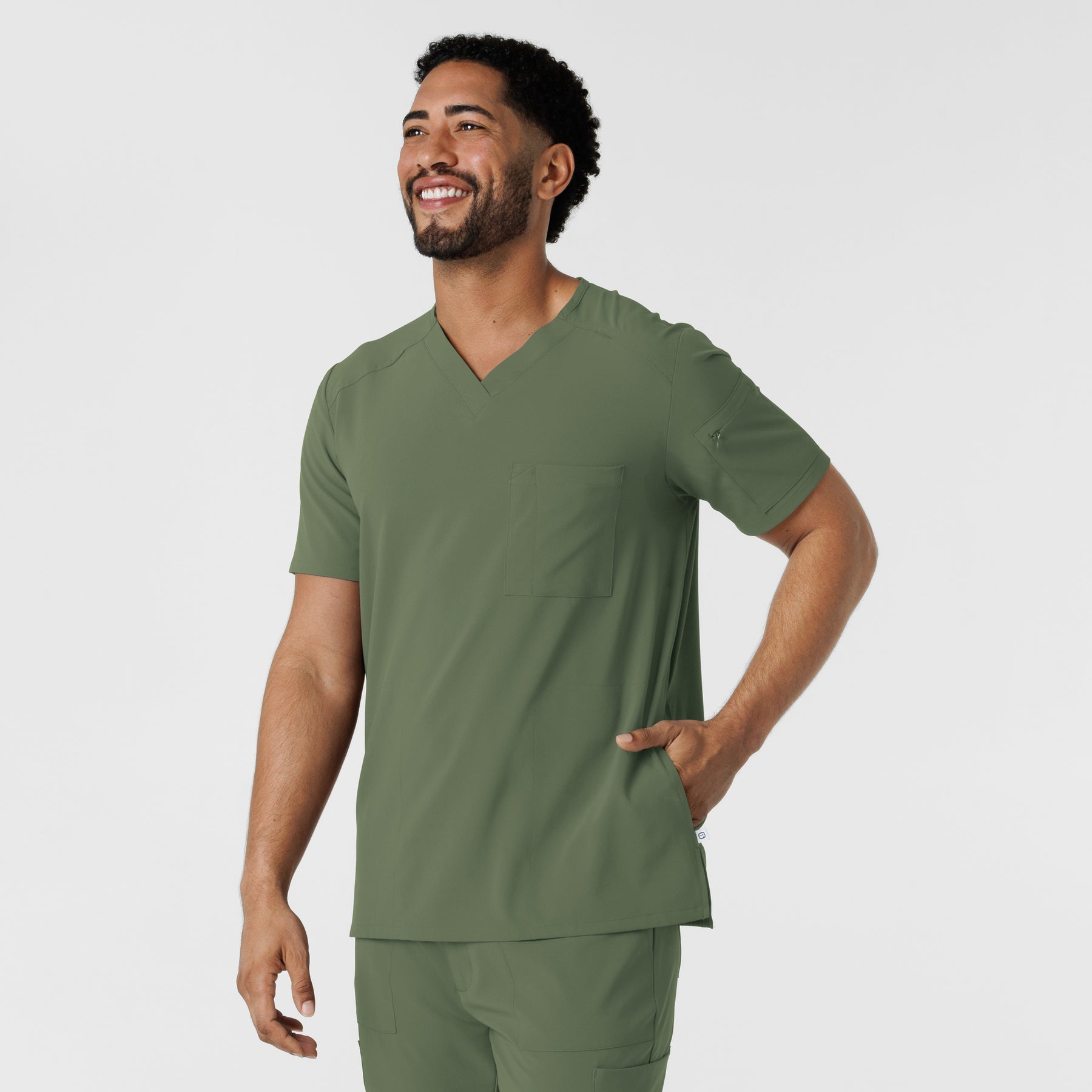 RENEW Men's V-Neck 5 Pocket Scrub Top Olive side view