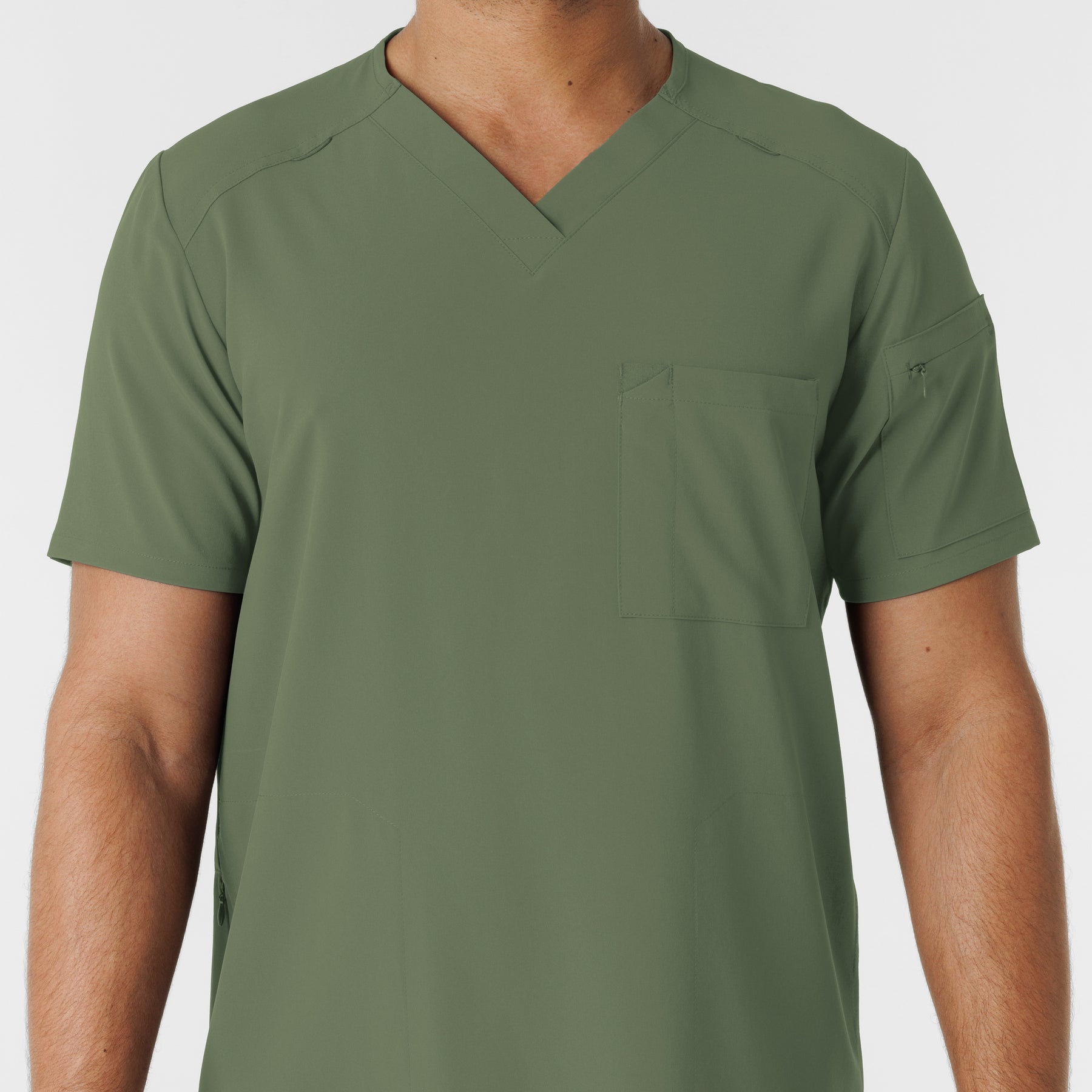 RENEW Men's V-Neck 5 Pocket Scrub Top Olive front detail