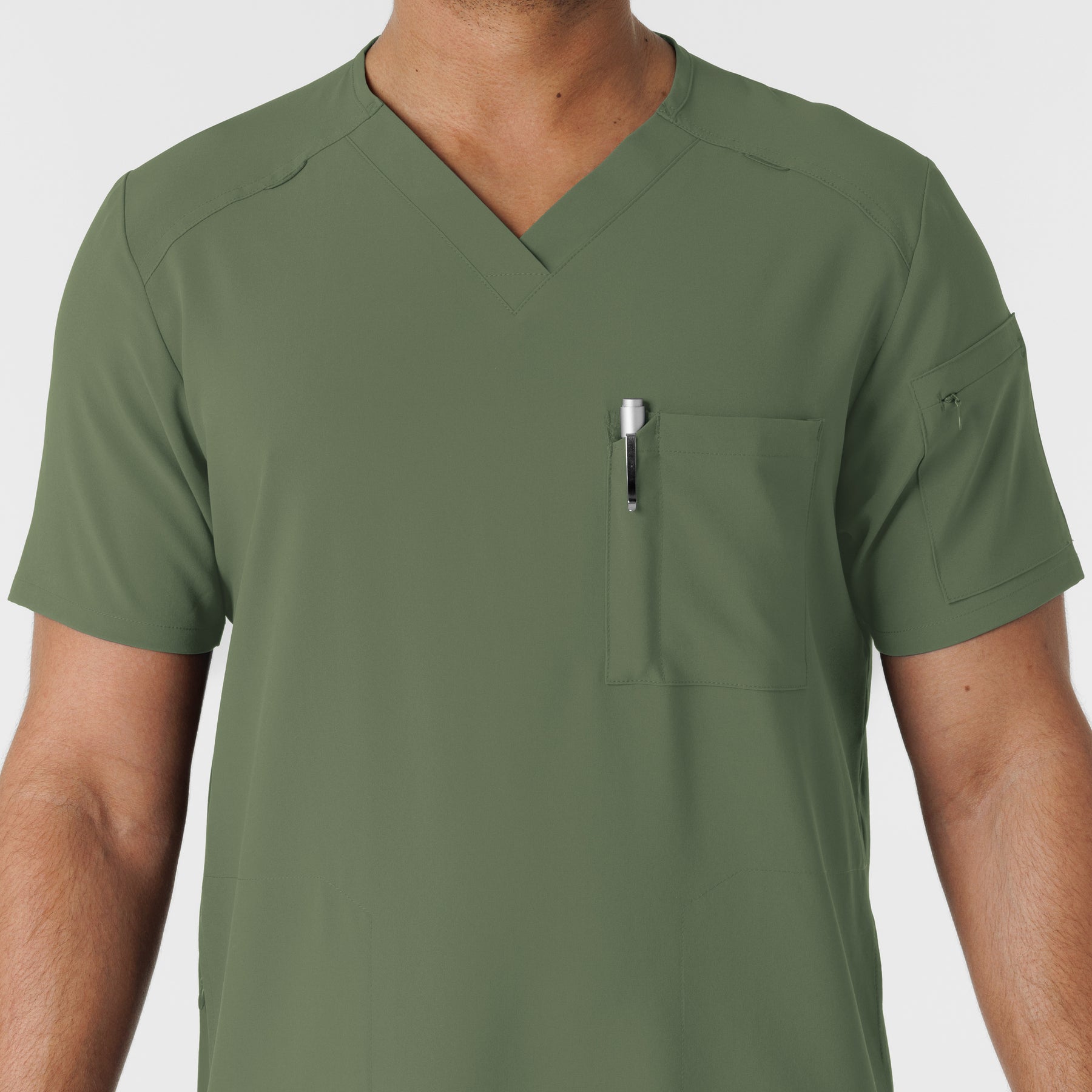 RENEW Men's V-Neck 5 Pocket Scrub Top Olive side detail 1