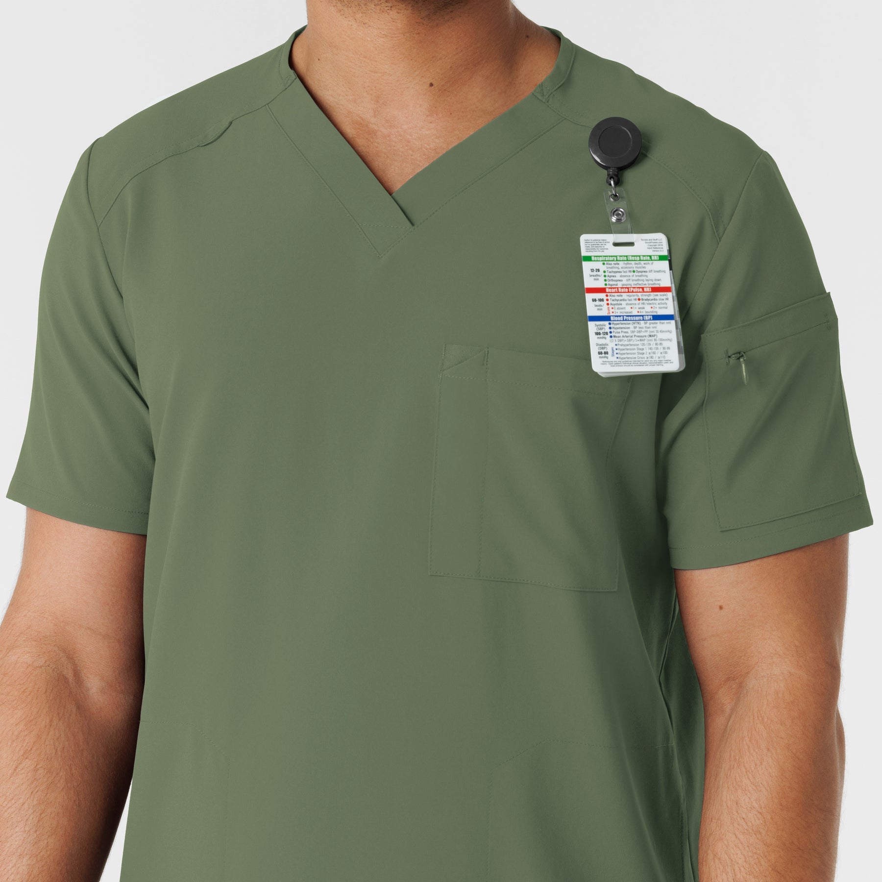 RENEW Men's V-Neck 5 Pocket Scrub Top Olive hemline detail