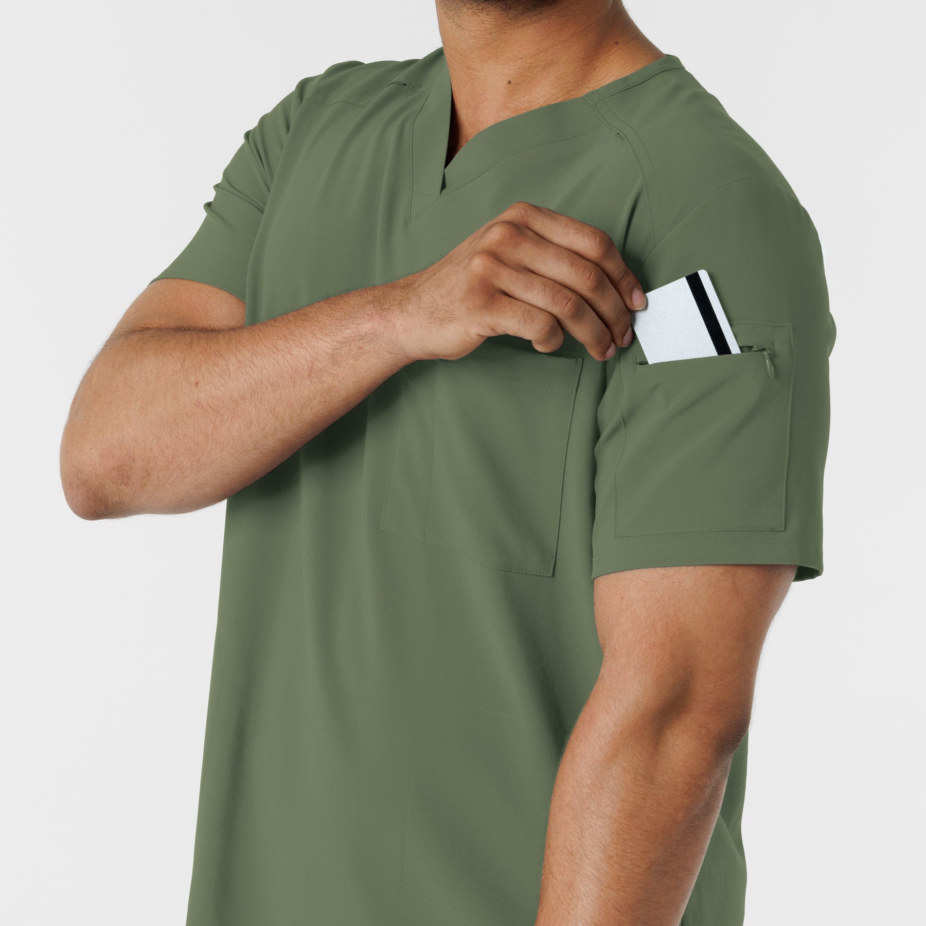 RENEW Men's V-Neck 5 Pocket Scrub Top Olive back detail