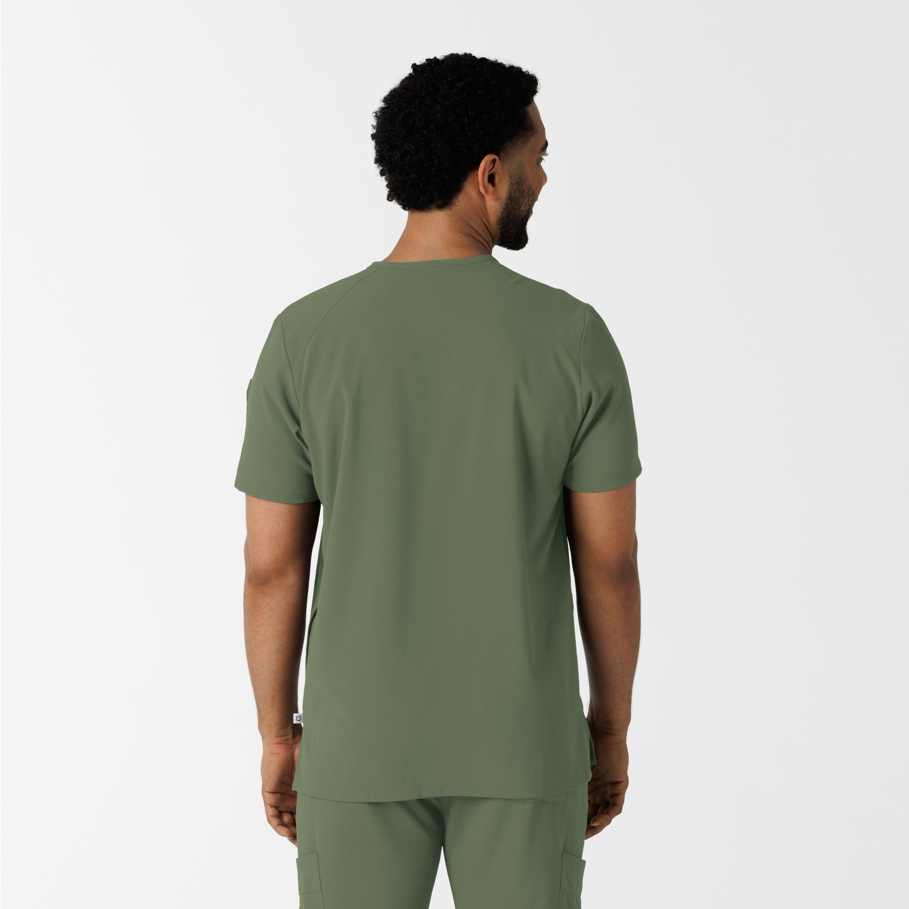 RENEW Men's V-Neck 5 Pocket Scrub Top Olive back view