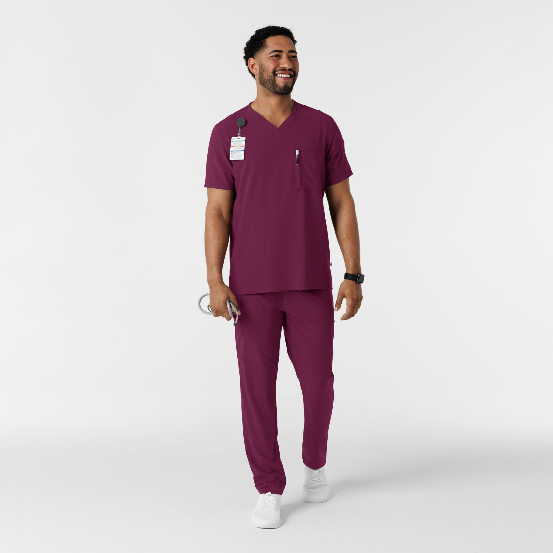 RENEW Men's V-Neck 5 Pocket Scrub Top Wine full scrub set