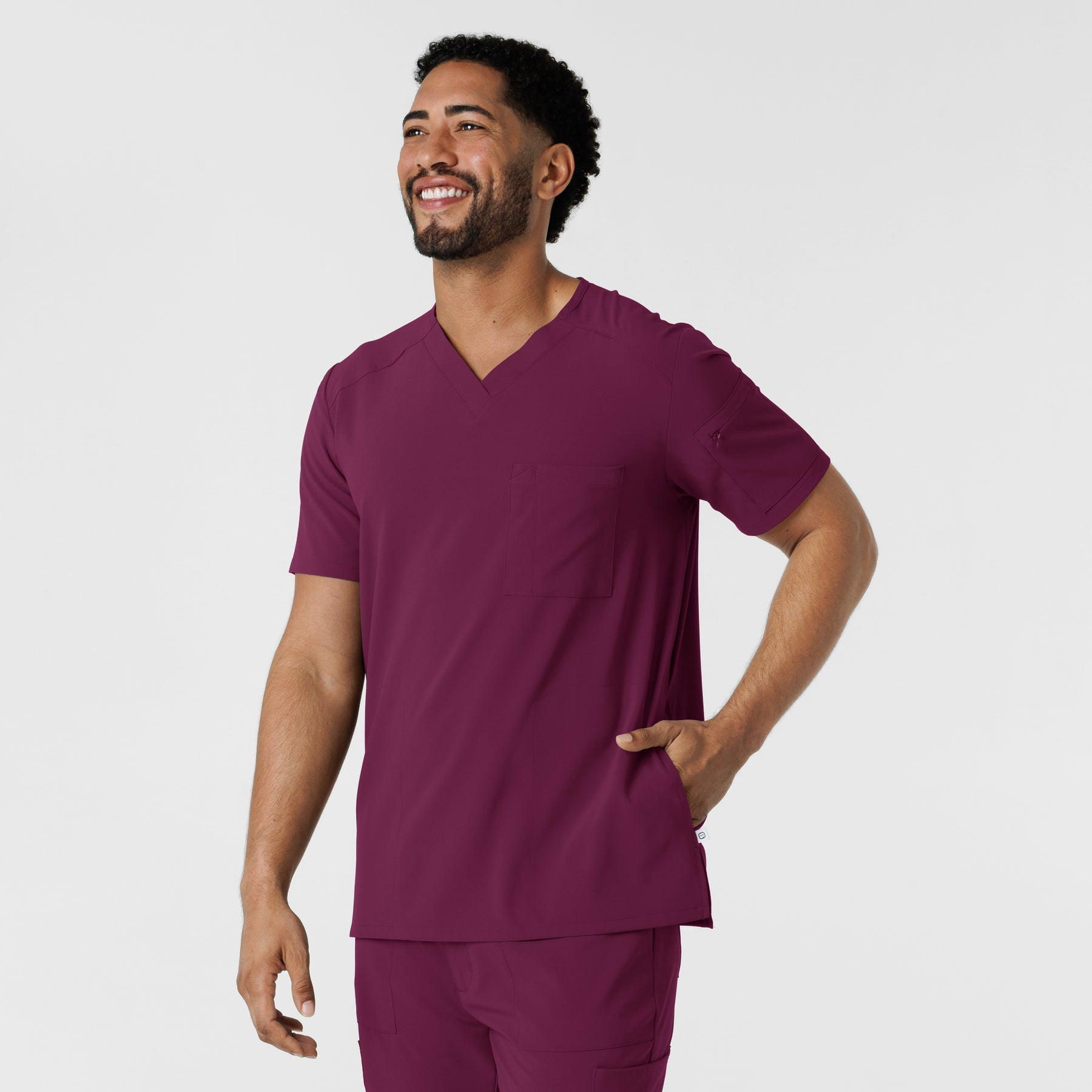 RENEW Men's V-Neck 5 Pocket Scrub Top Wine side view