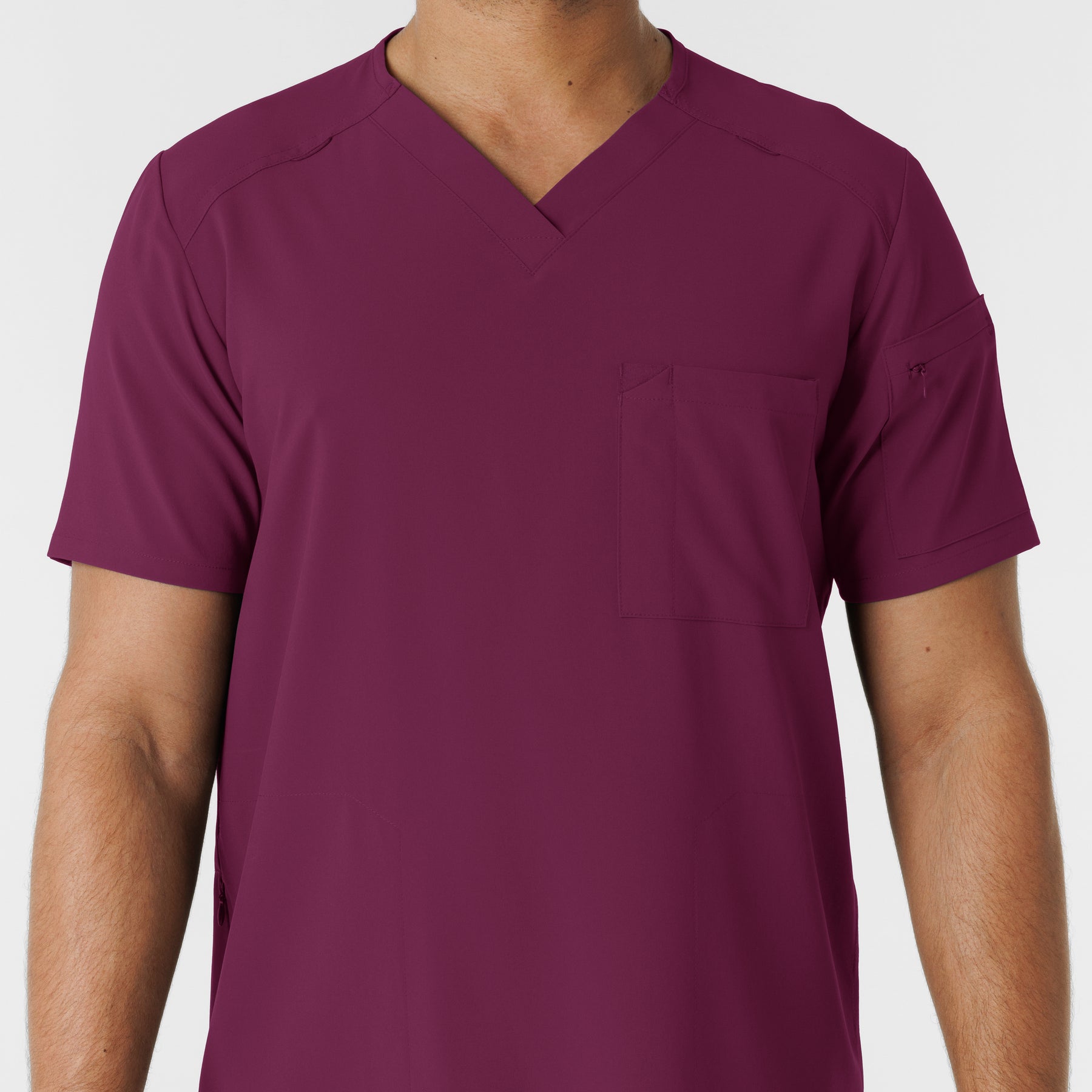RENEW Men's V-Neck 5 Pocket Scrub Top Wine front detail