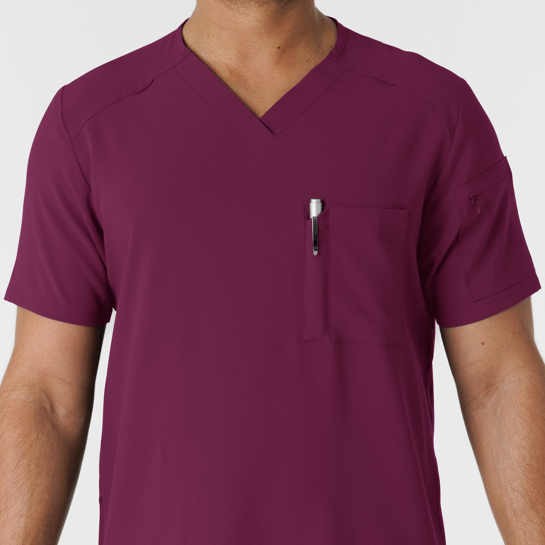RENEW Men's V-Neck 5 Pocket Scrub Top Wine side detail 1
