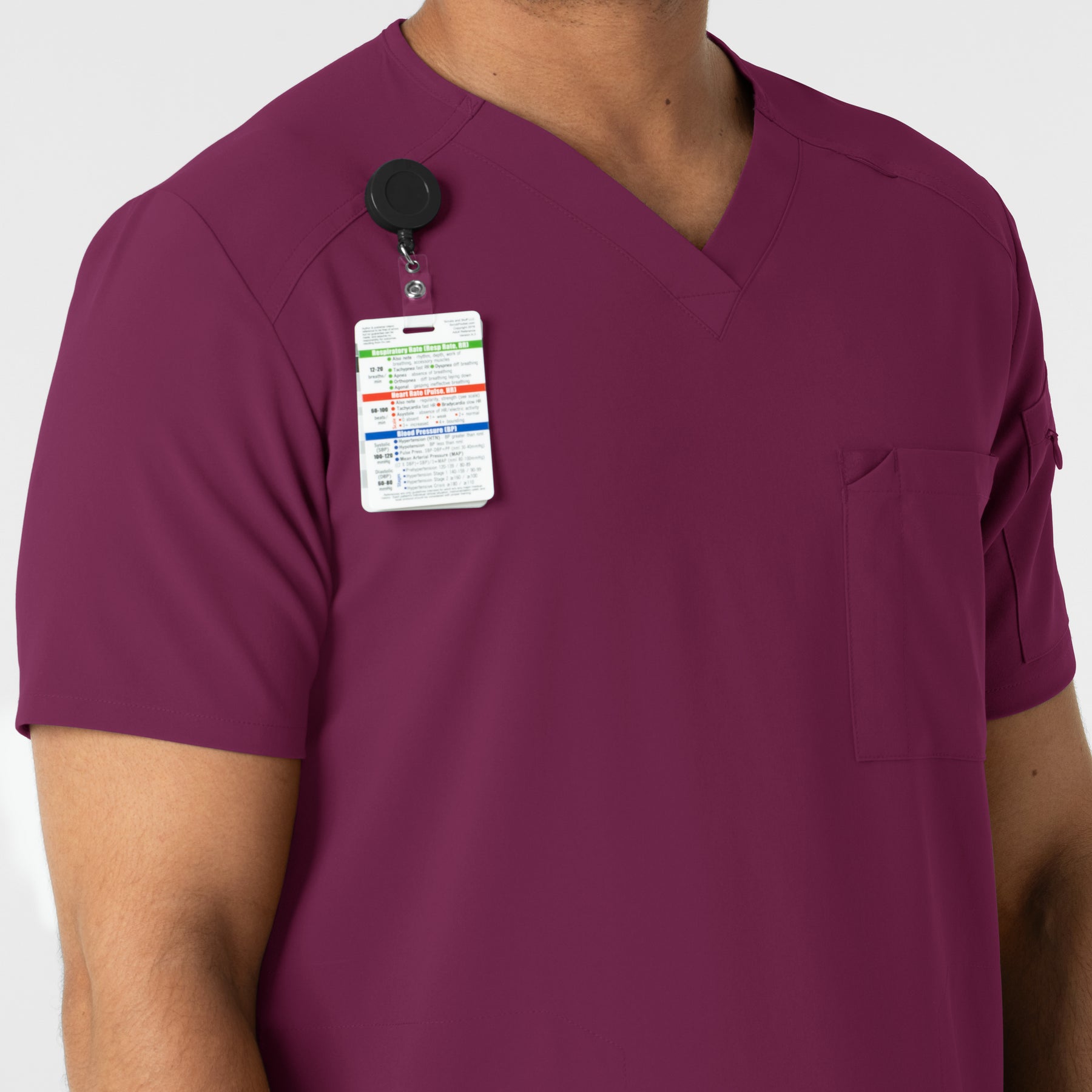 RENEW Men's V-Neck 5 Pocket Scrub Top Wine side detail 2