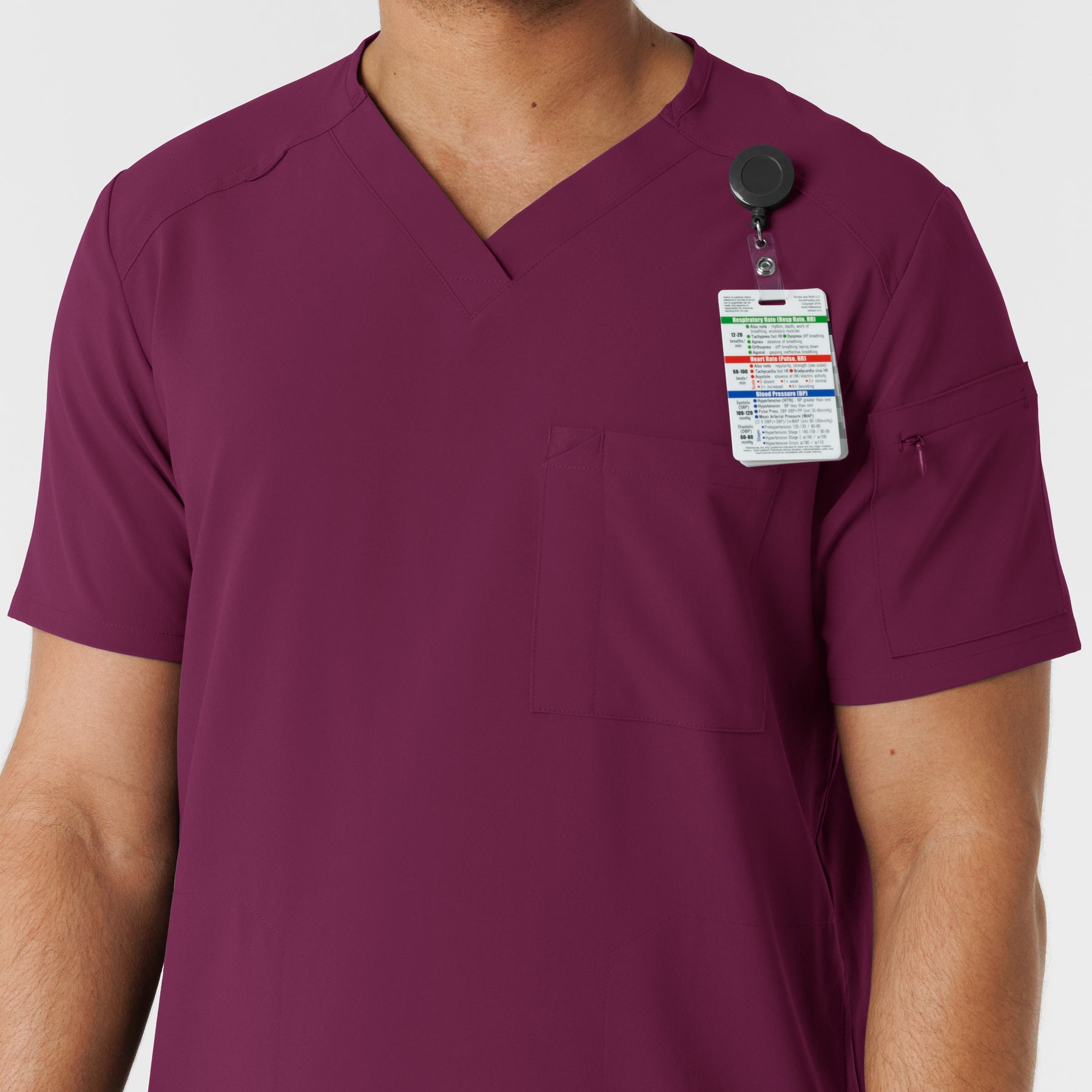 RENEW Men's V-Neck 5 Pocket Scrub Top Wine hemline detail