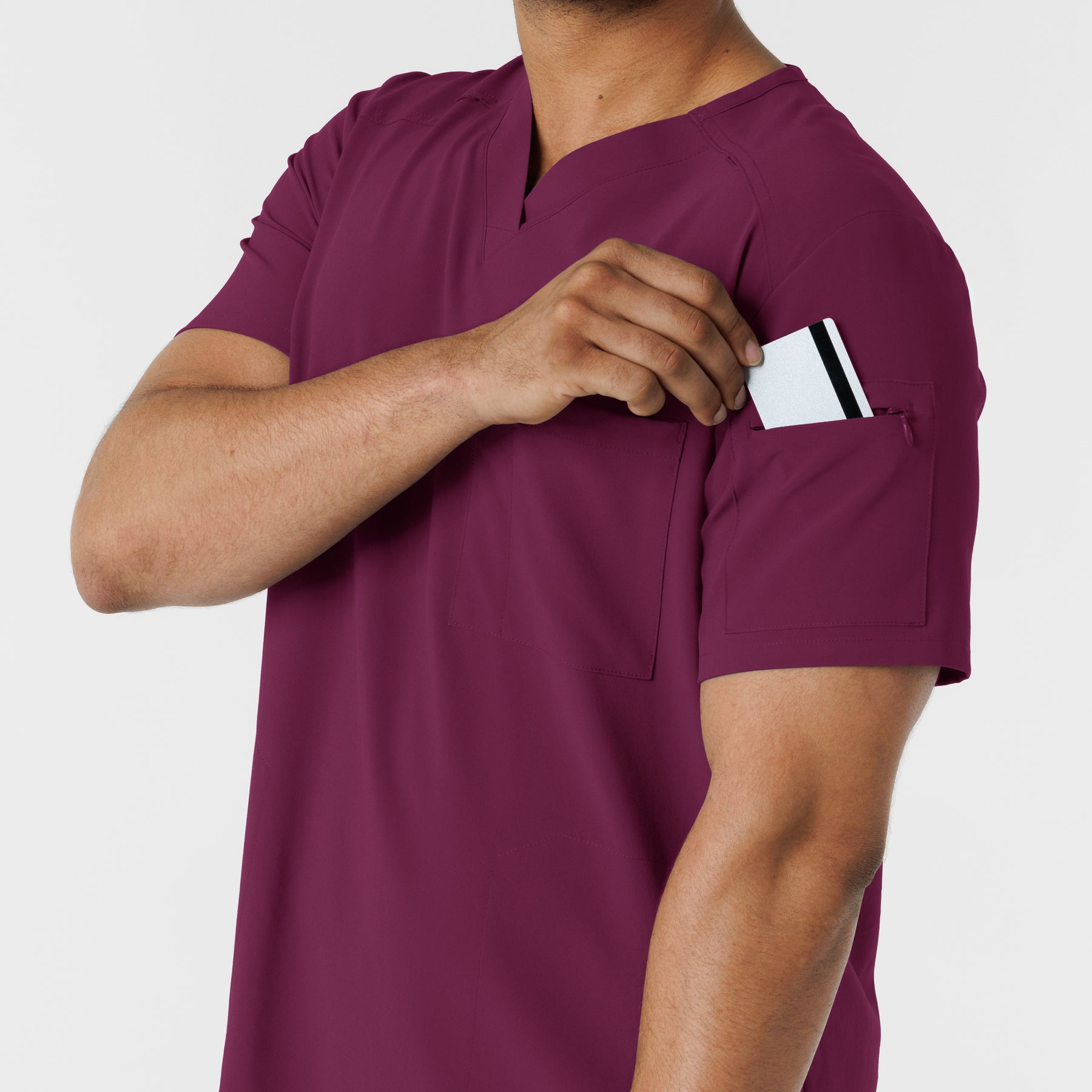 RENEW Men's V-Neck 5 Pocket Scrub Top Wine back detail