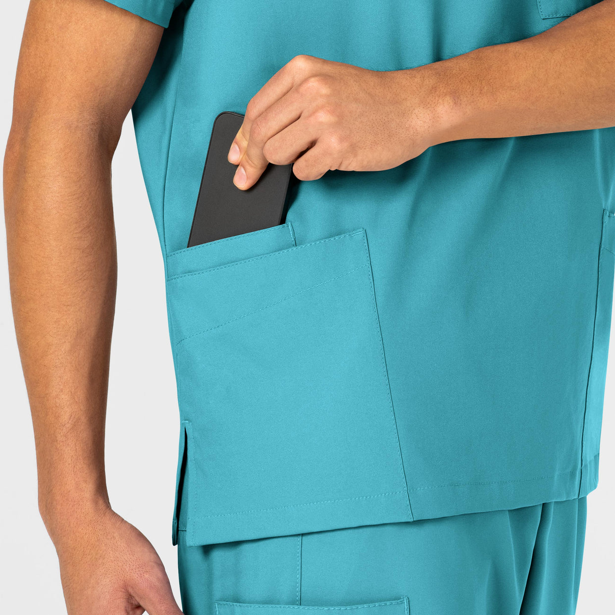 W123 Unisex 4 Pocket Utility Scrub Top Teal Blue side detail 2