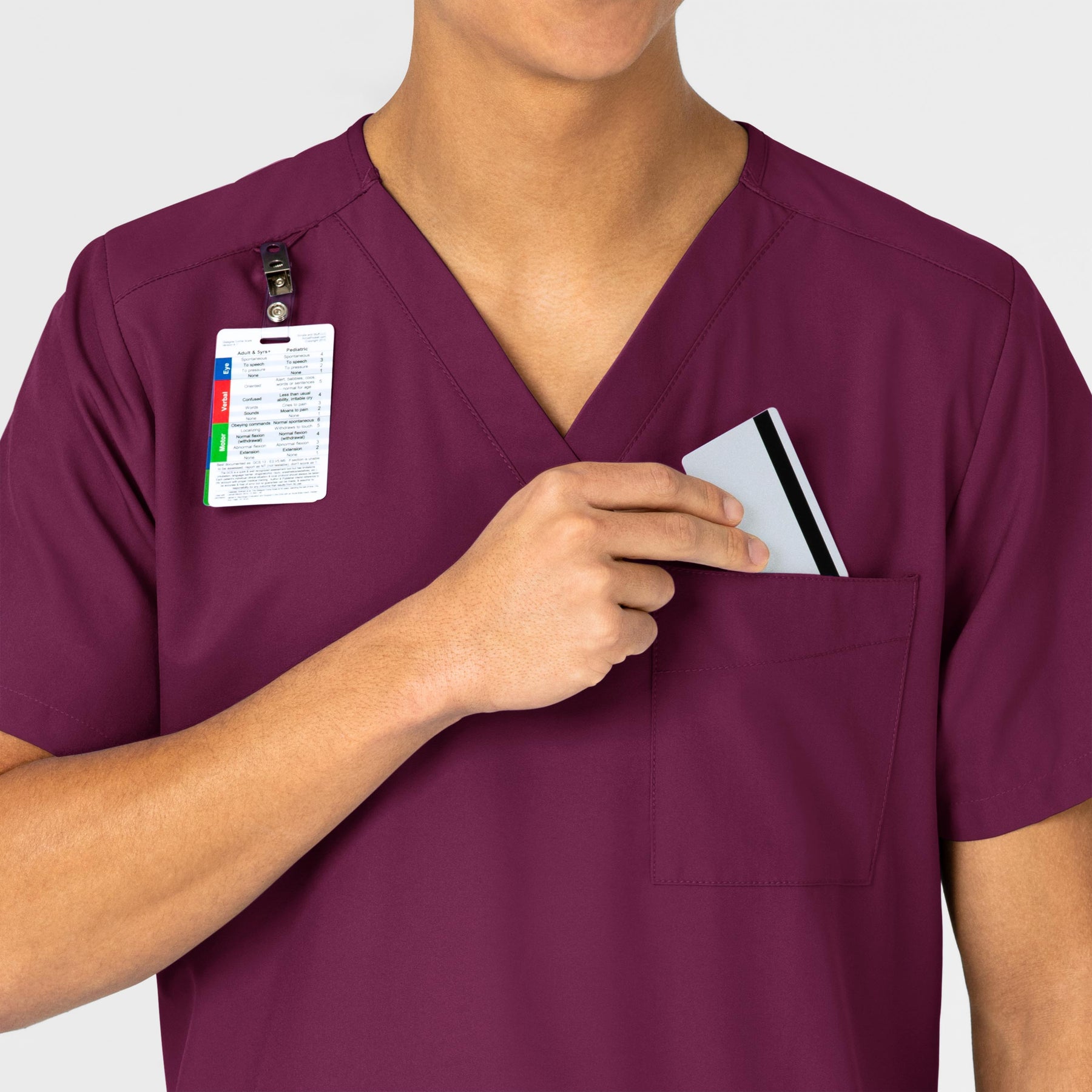 W123 Unisex 4 Pocket Utility Scrub Top Wine side detail 1