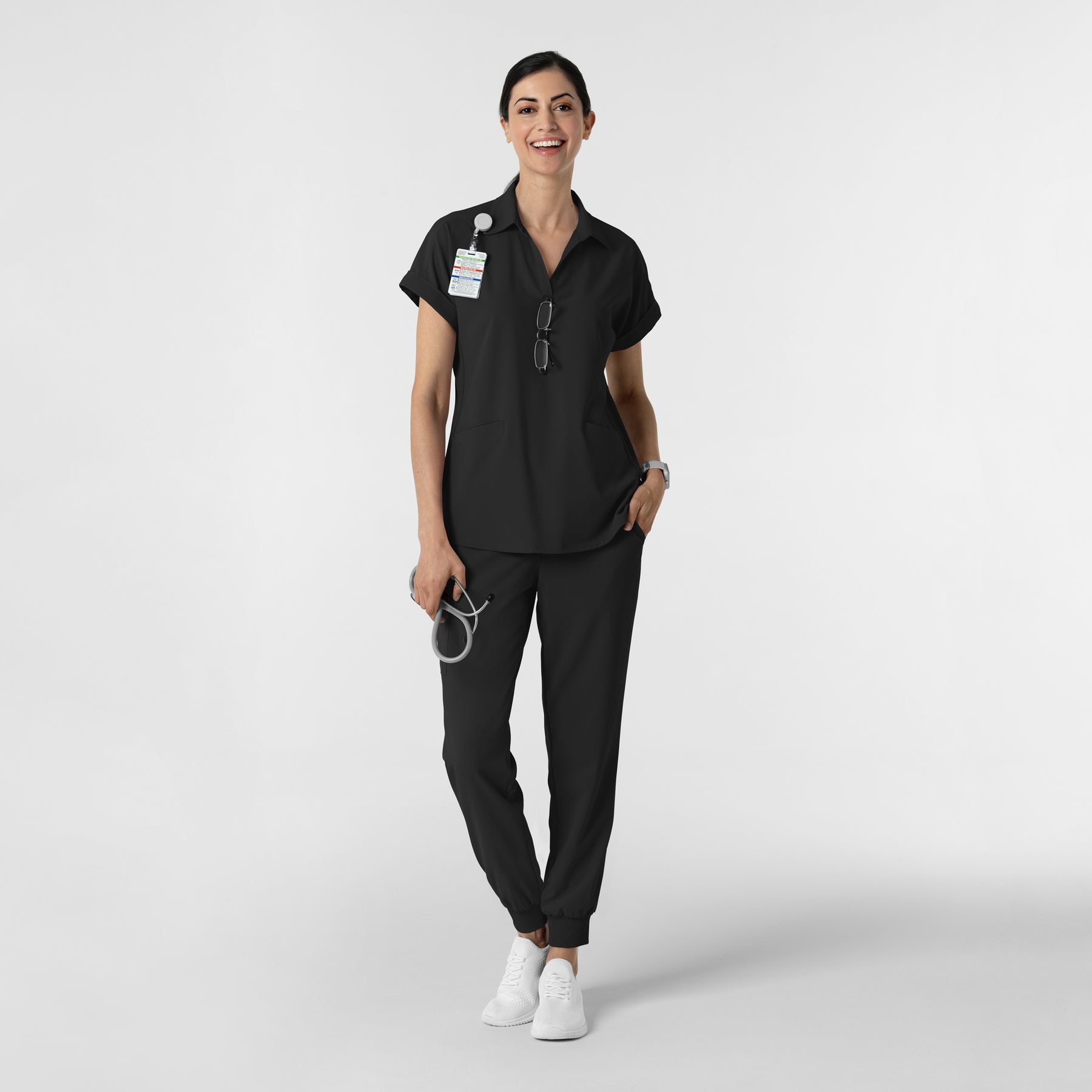 RENEW Women’s Flex-n-Reach Collared Scrub Top Black full scrub set