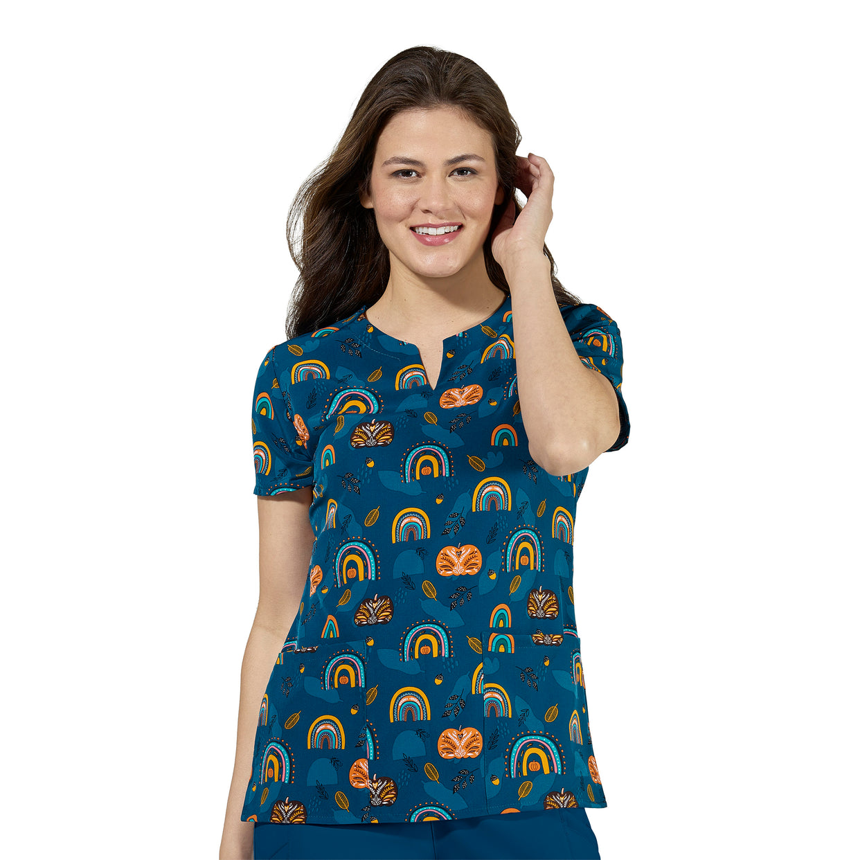 Zoe+Chloe Performance Notch Neck Print Scrub Top - Pumpkin Wishes