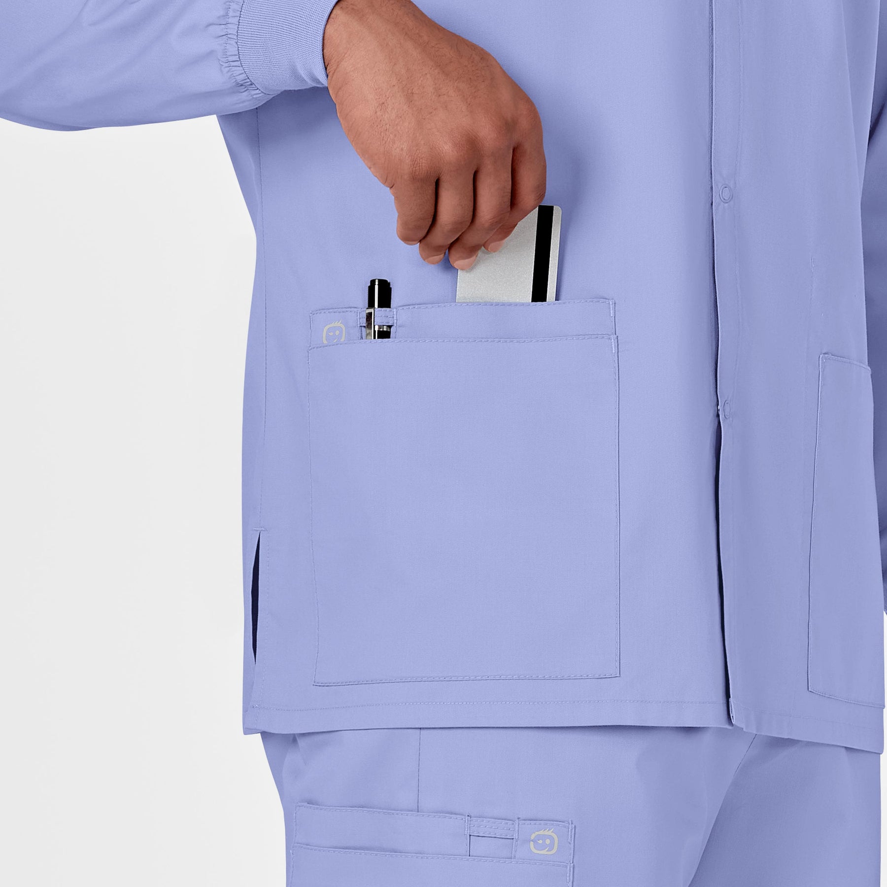 WonderWORK Unisex Snap Front Jacket Ceil Blue hemline detail