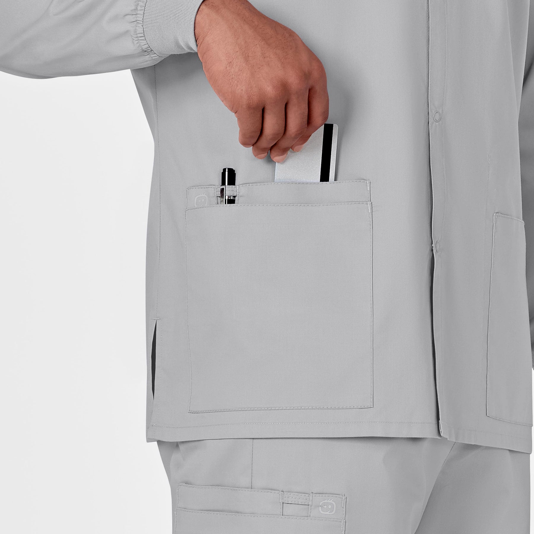 WonderWORK Unisex Snap Front Jacket Grey hemline detail