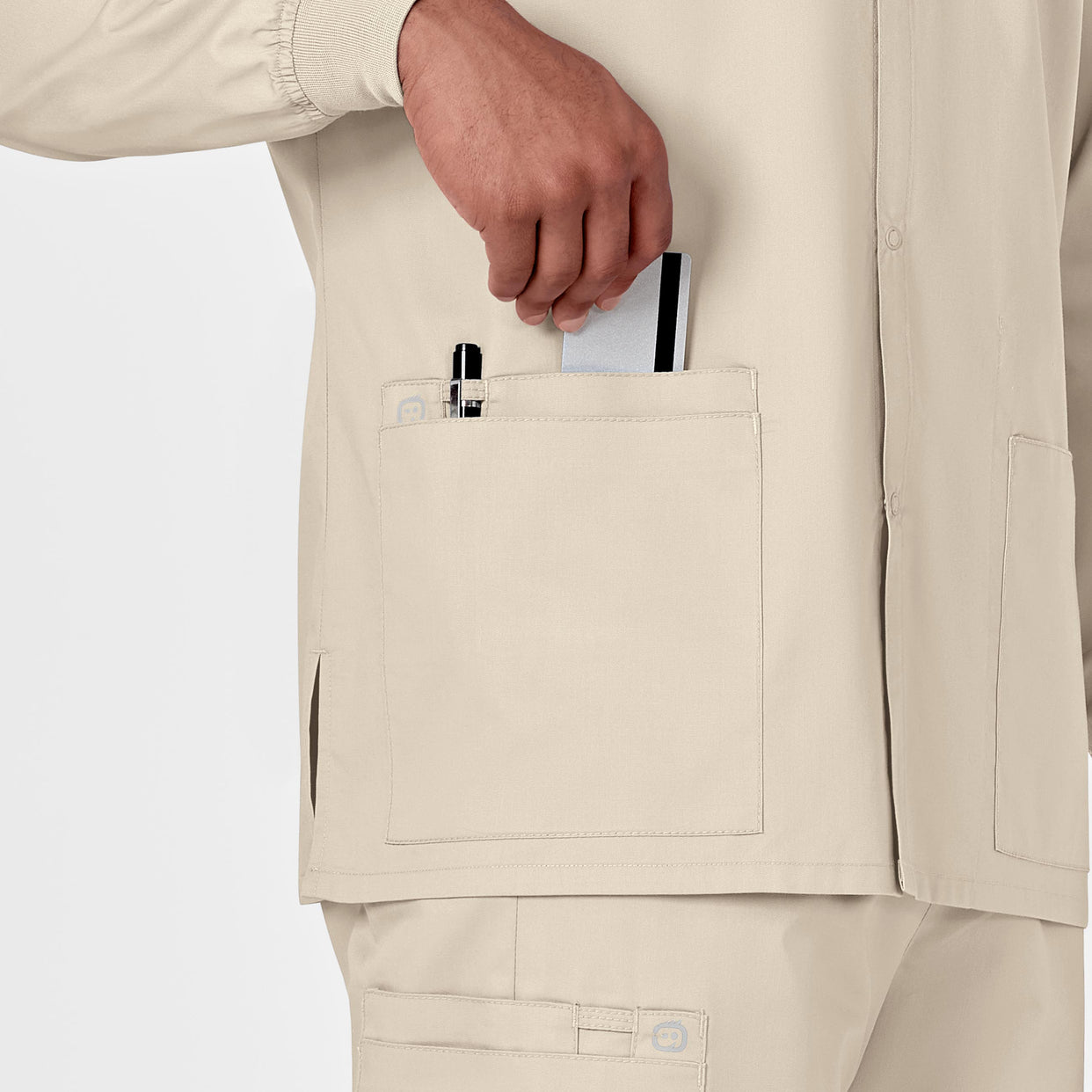 WonderWORK Unisex Snap Front Jacket Khaki hemline detail