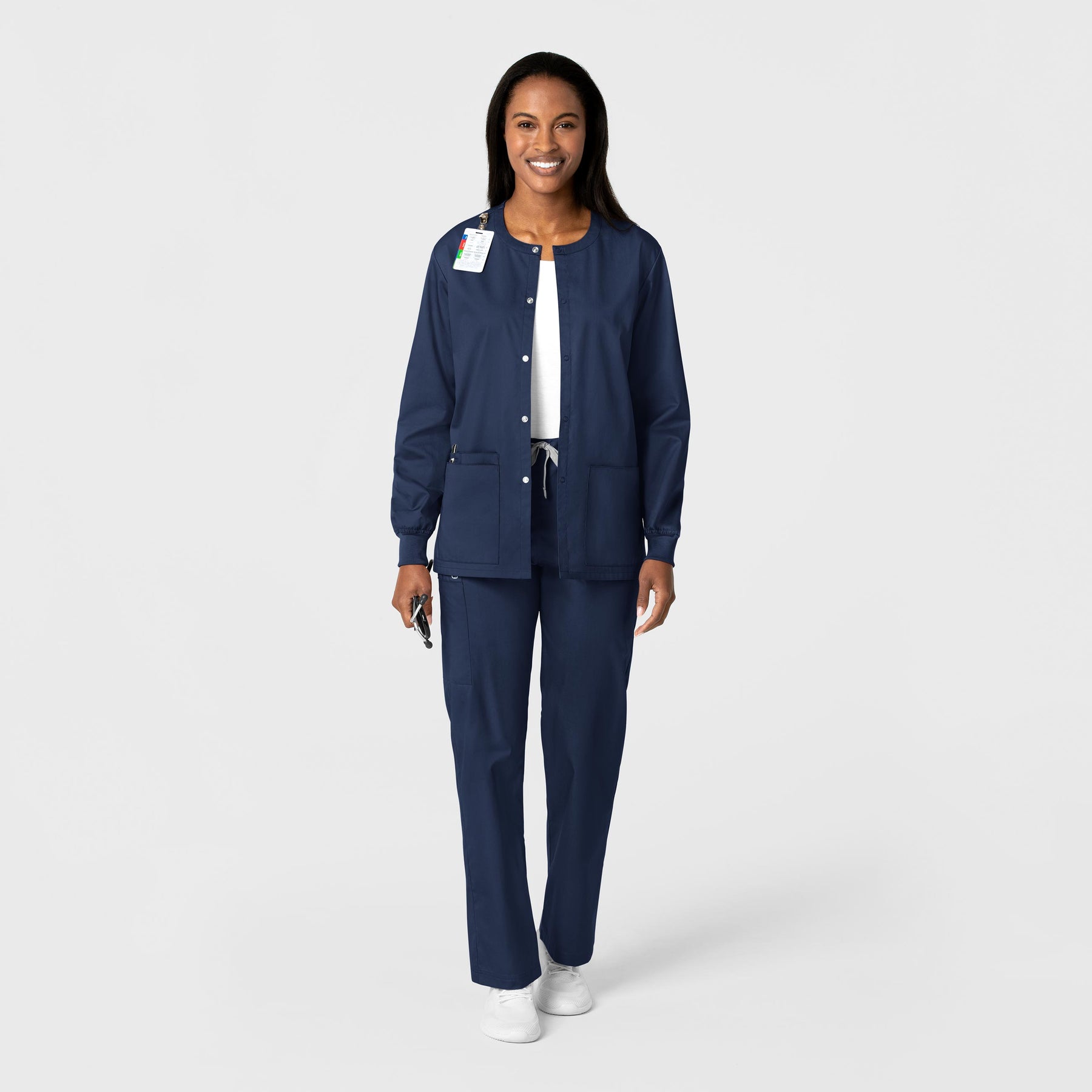 WonderWORK Unisex Snap Front Jacket Navy full scrub set