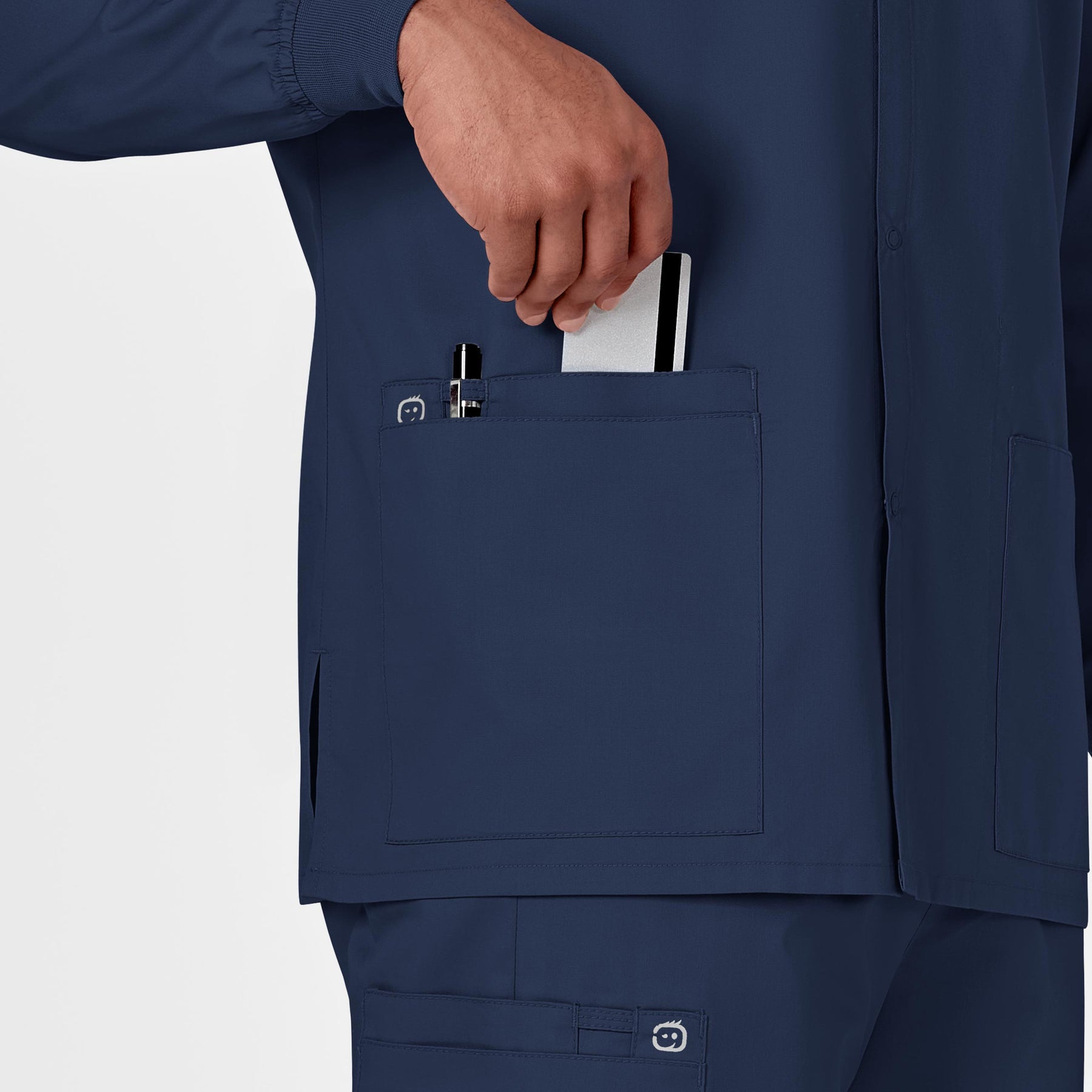 WonderWORK Unisex Snap Front Jacket Navy hemline detail