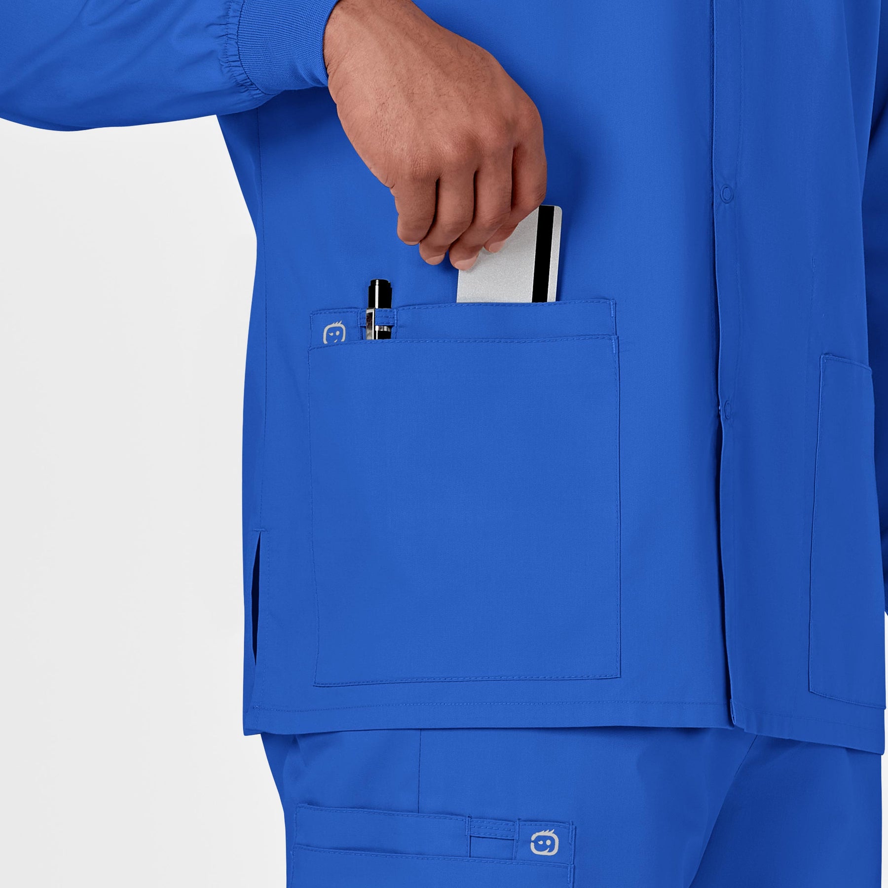 WonderWORK Unisex Snap Front Jacket Royal hemline detail