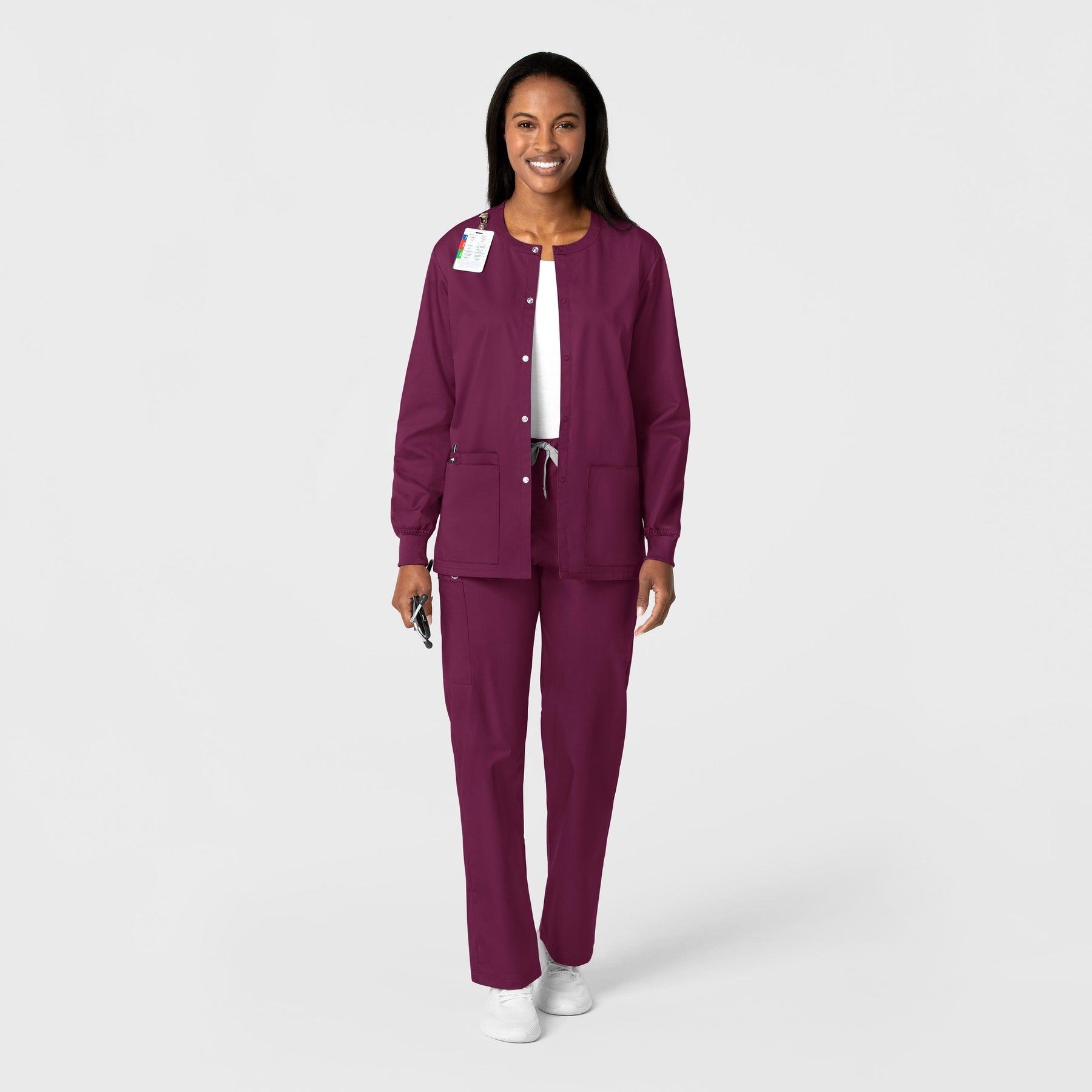 WonderWORK Unisex Snap Front Jacket Wine full scrub set