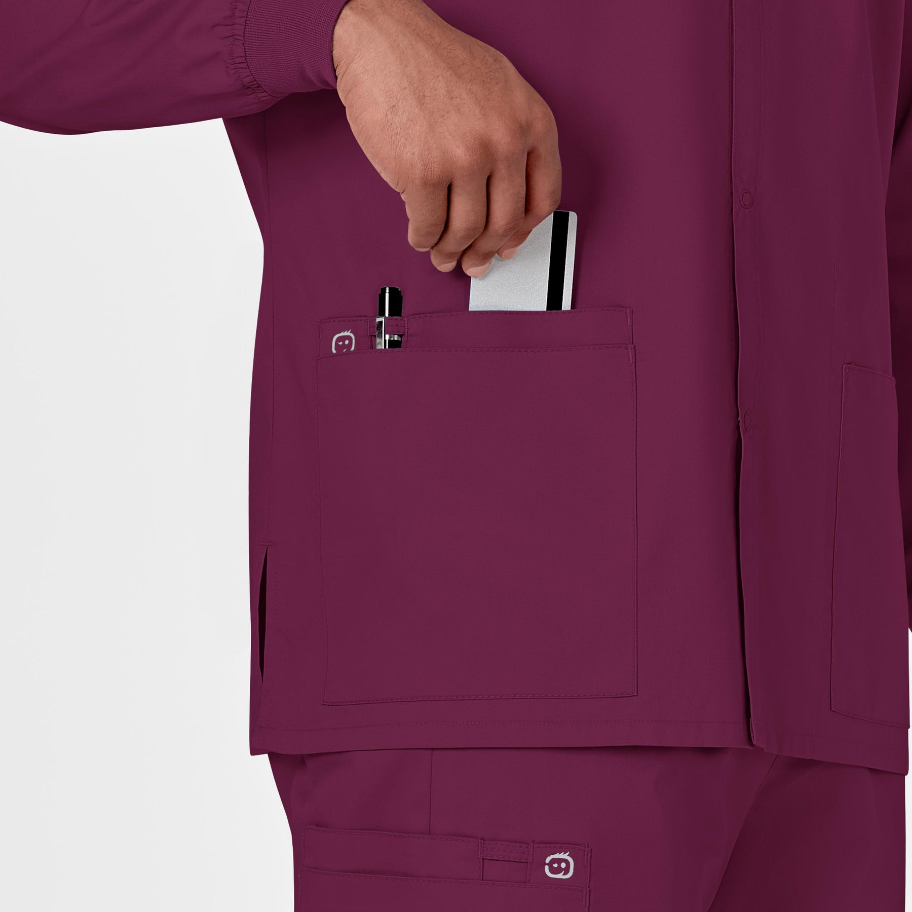 WonderWORK Unisex Snap Front Jacket Wine hemline detail