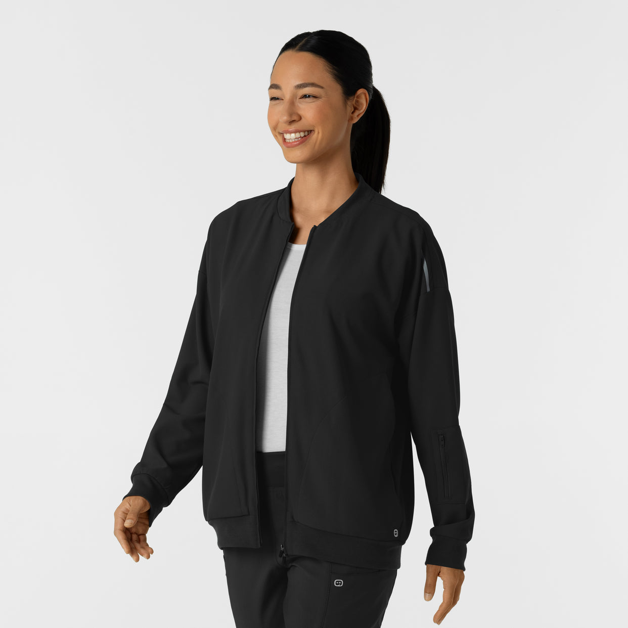 Knits and Layers Women's Bomber Scrub Jacket Black side view