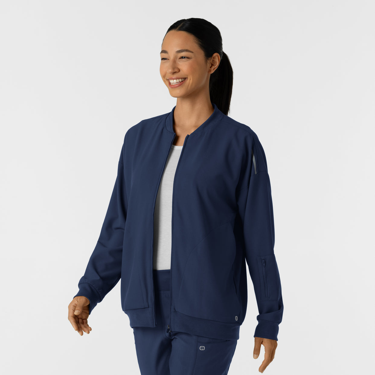 Knits and Layers Women's Bomber Scrub Jacket Navy side view