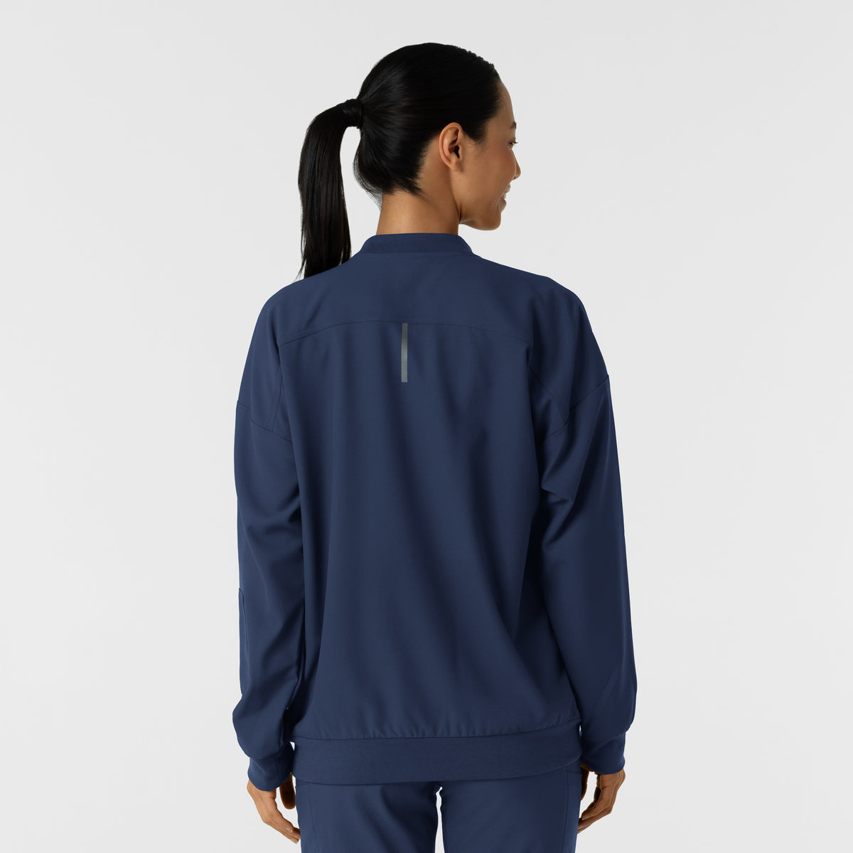 Knits and Layers Women's Bomber Scrub Jacket Navy back view