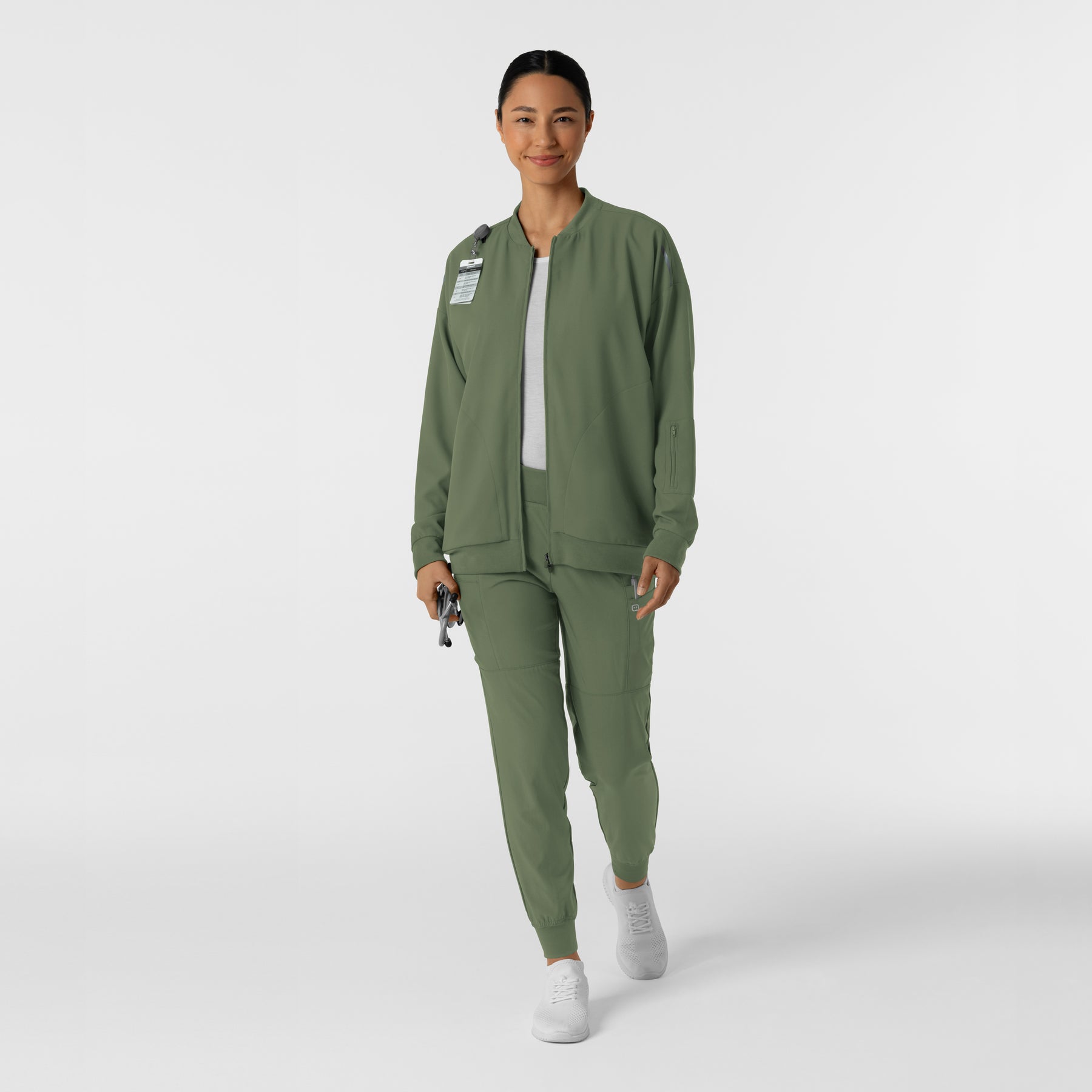 Knits and Layers Women's Bomber Scrub Jacket Olive full scrub set