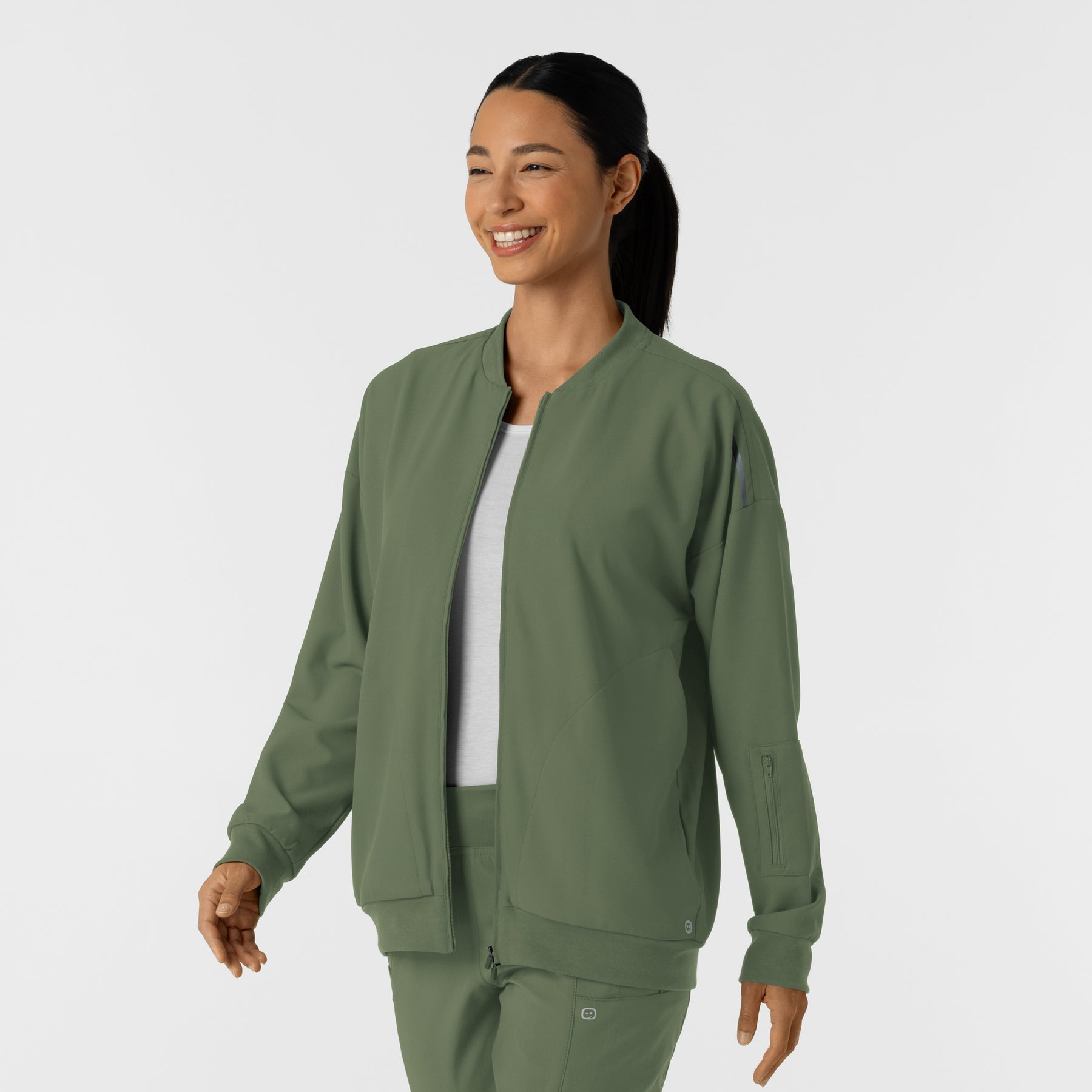 Knits and Layers Women's Bomber Scrub Jacket Olive side view