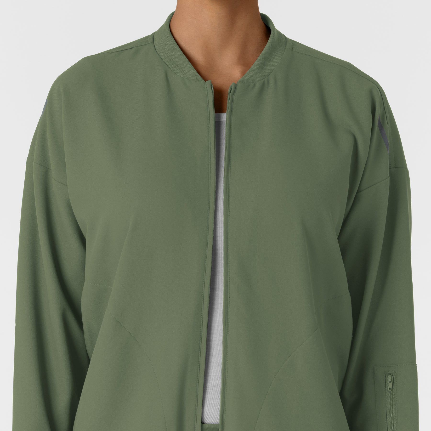 Knits and Layers Women's Bomber Scrub Jacket Olive front detail