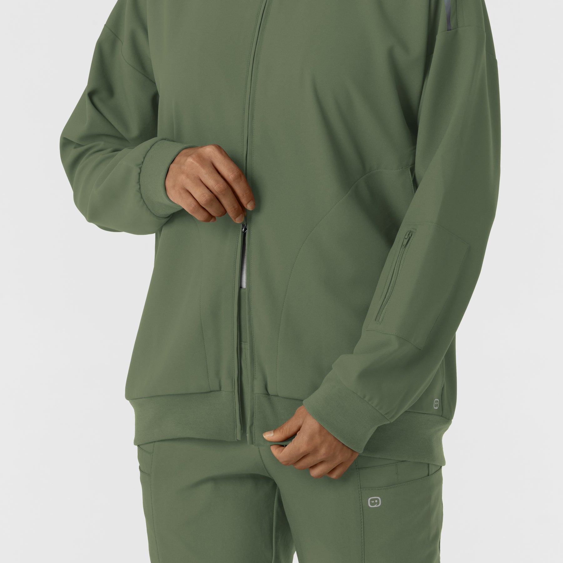 Knits and Layers Women's Bomber Scrub Jacket Olive side detail 2