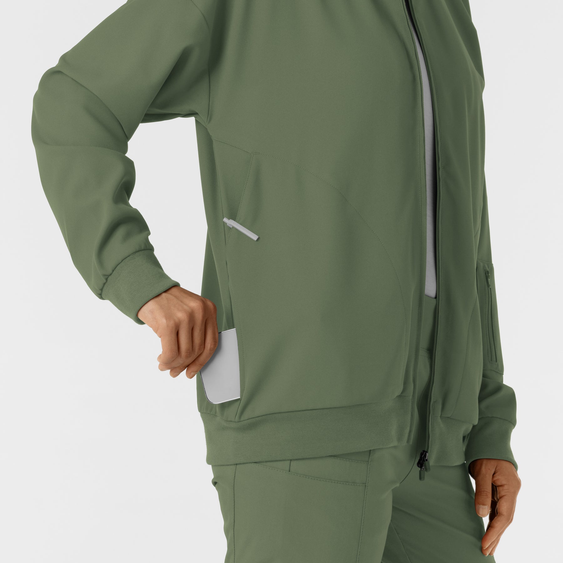 Knits and Layers Women's Bomber Scrub Jacket Olive hemline detail
