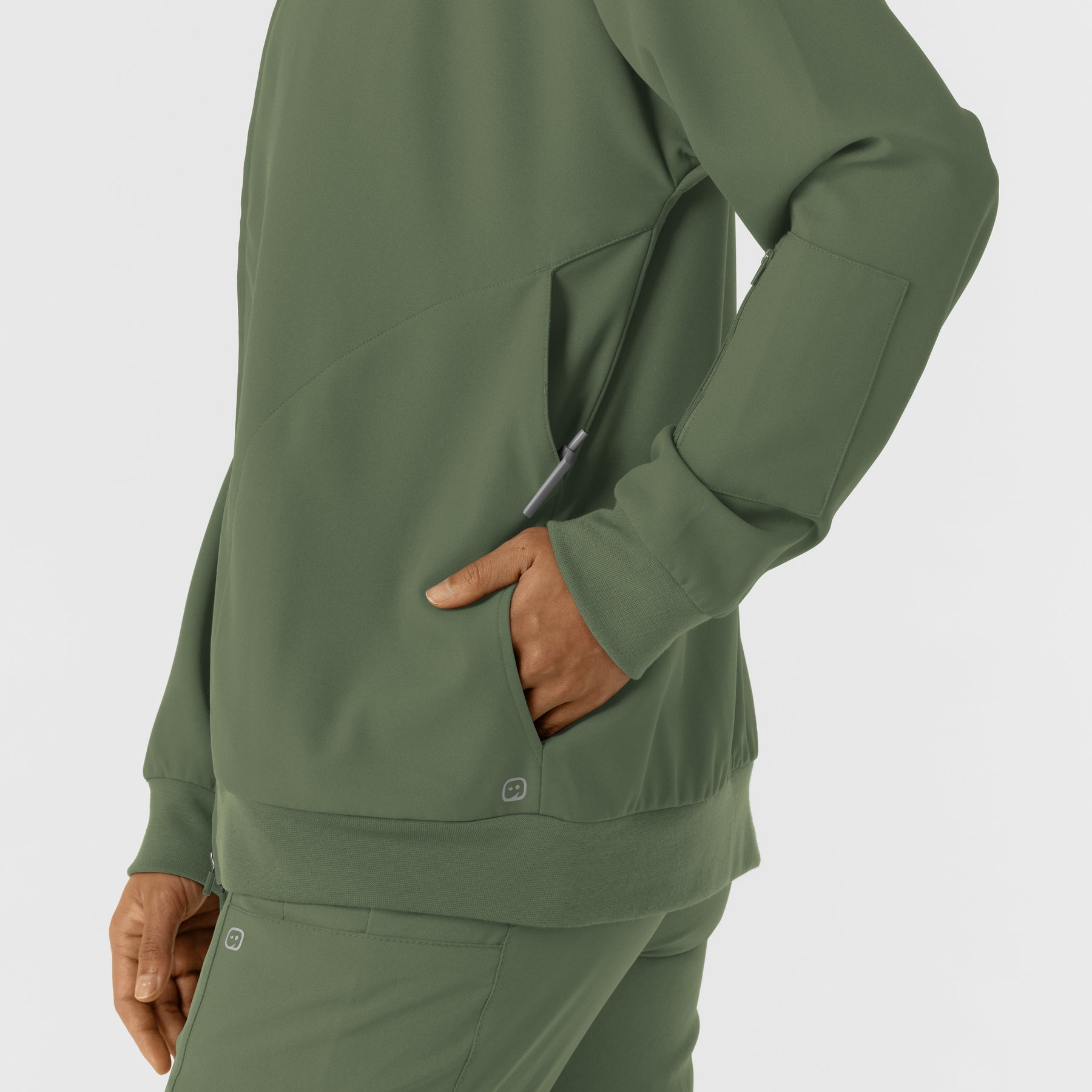 Knits and Layers Women's Bomber Scrub Jacket Olive back detail