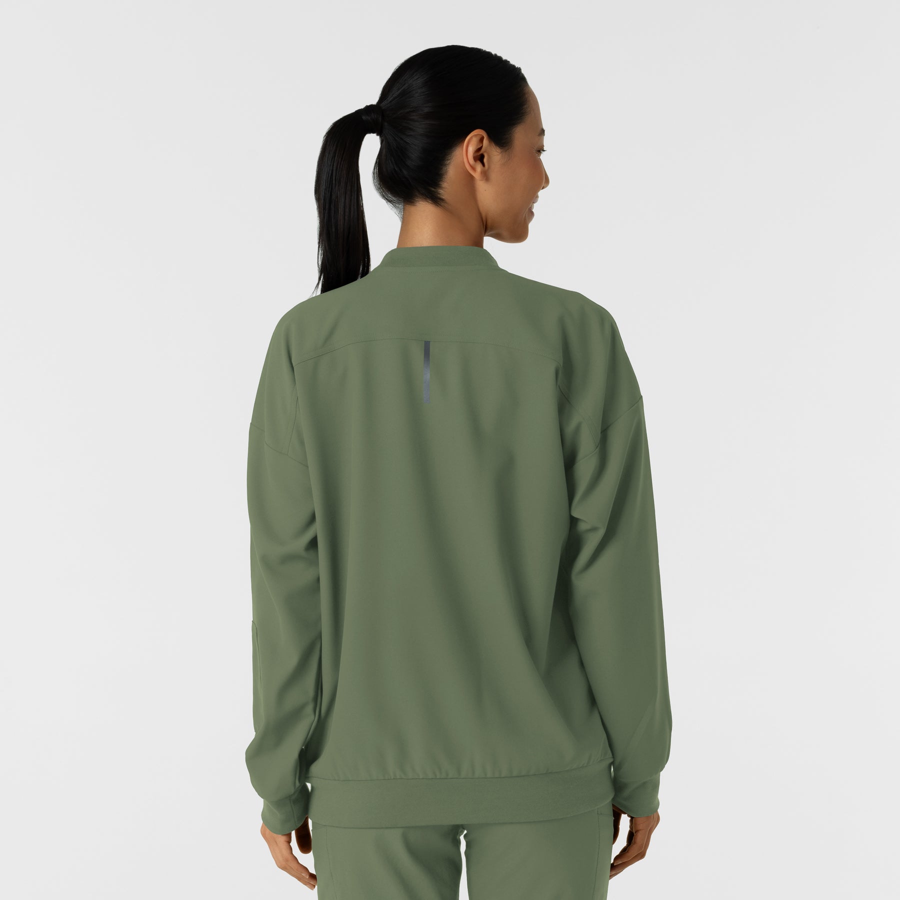 Knits and Layers Women's Bomber Scrub Jacket Olive back view