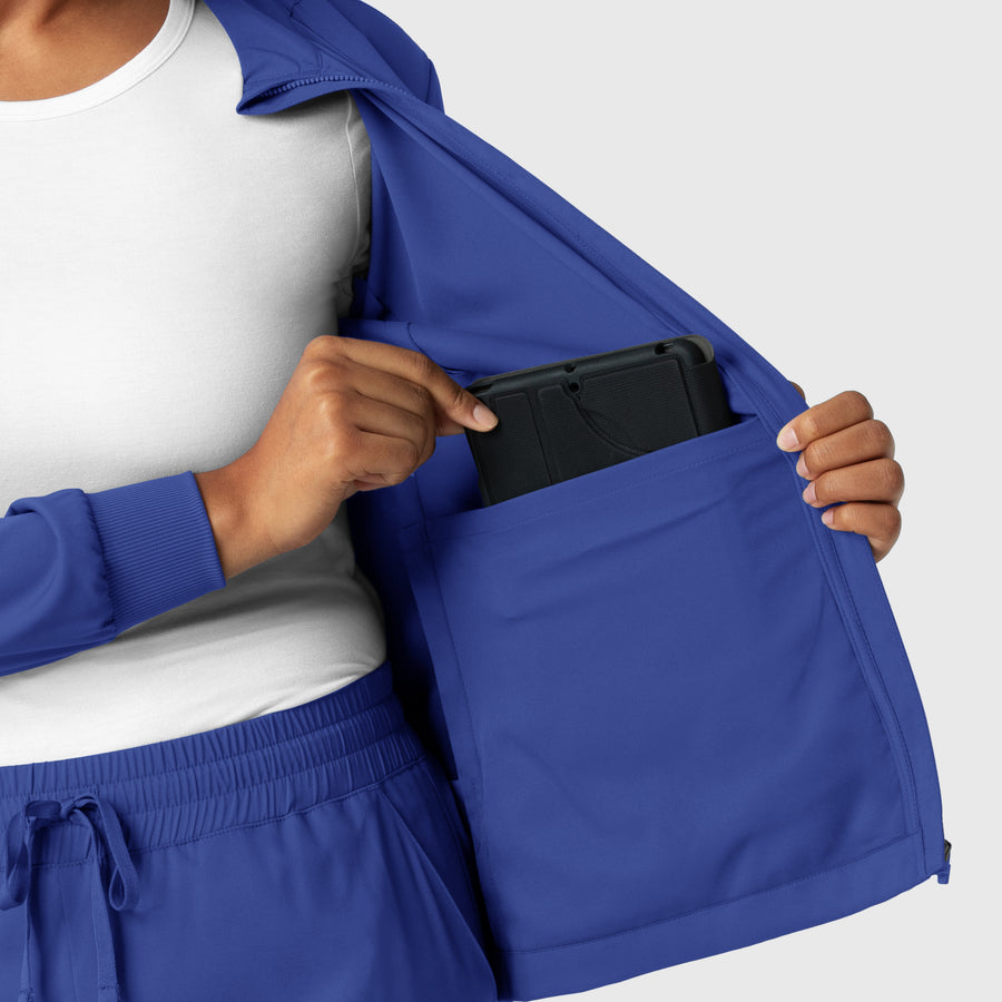 Boundless Women's Warm Up Scrub Jacket Galaxy Blue hemline detail
