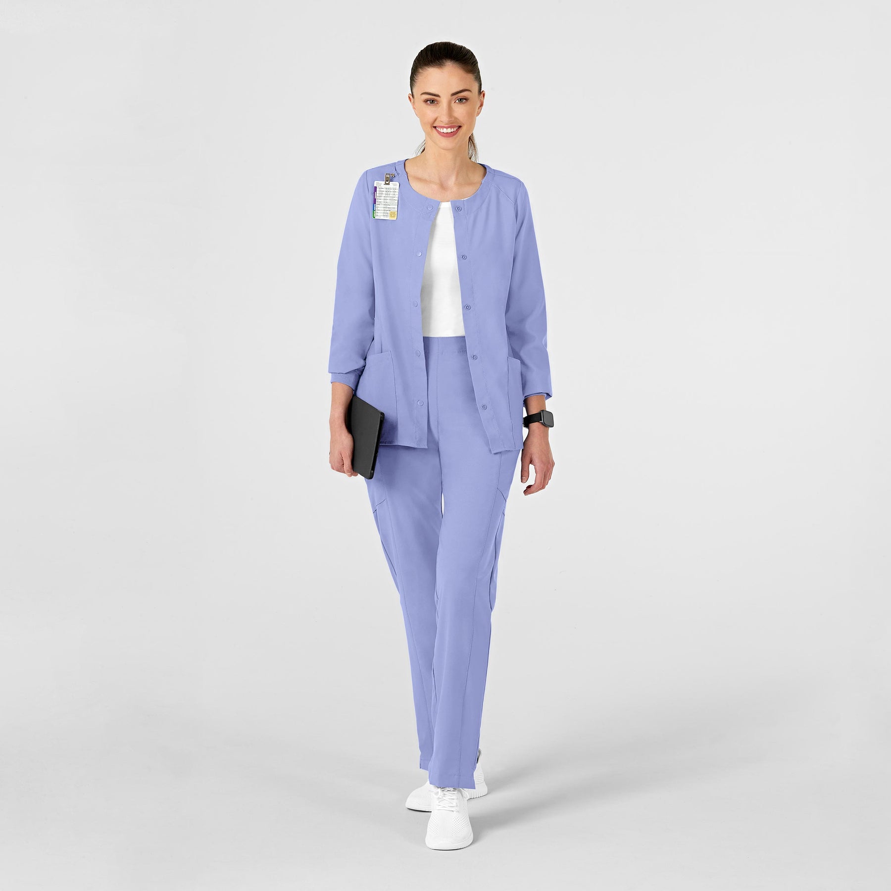 W123 Women's Crew Neck Warm Up Jacket Ceil Blue scrub set
