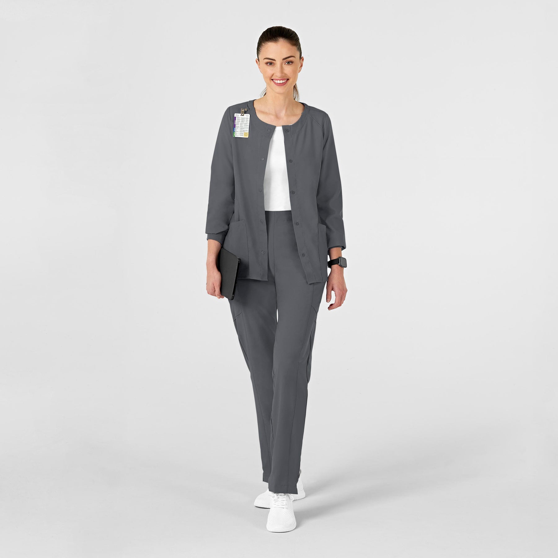 W123 Women's Crew Neck Warm Up Jacket Pewter scrub set