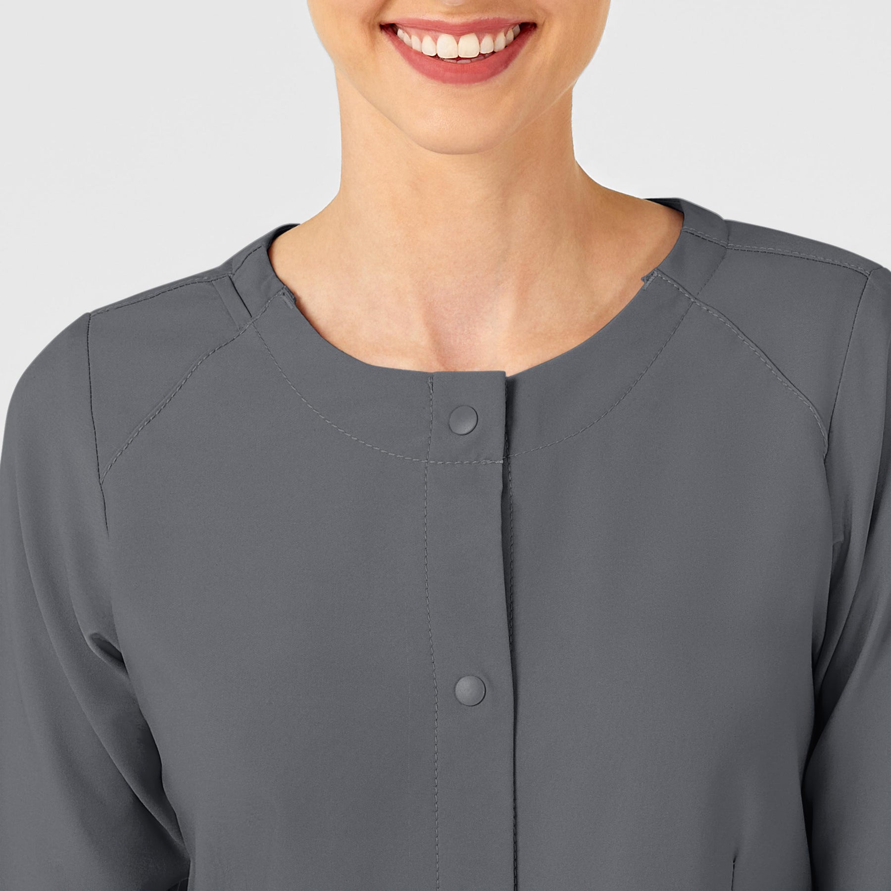 W123 Women's Crew Neck Warm Up Jacket Pewter front detail