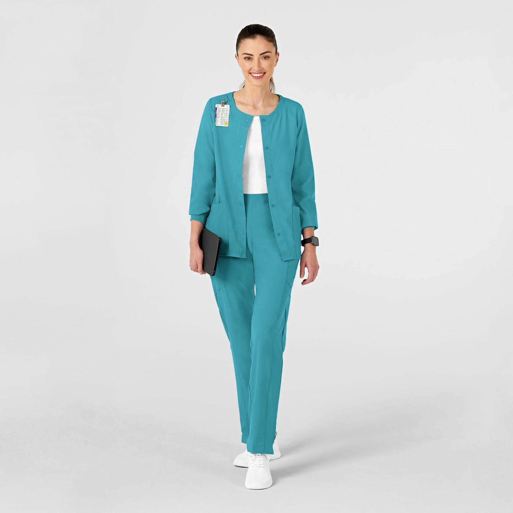 W123 Women's Crew Neck Warm Up Jacket Teal Blue scrub set