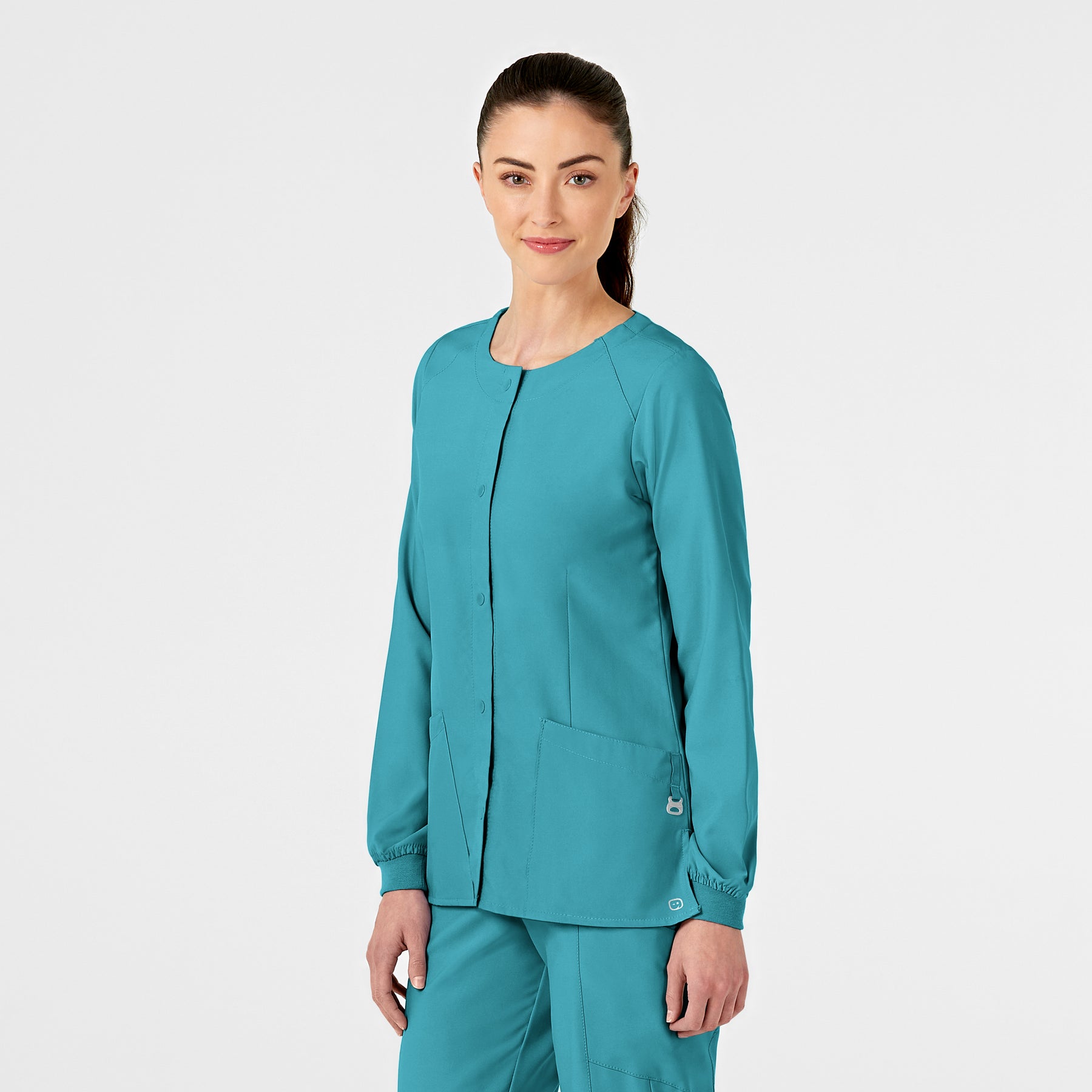 W123 Women's Crew Neck Warm Up Jacket Teal Blue side view