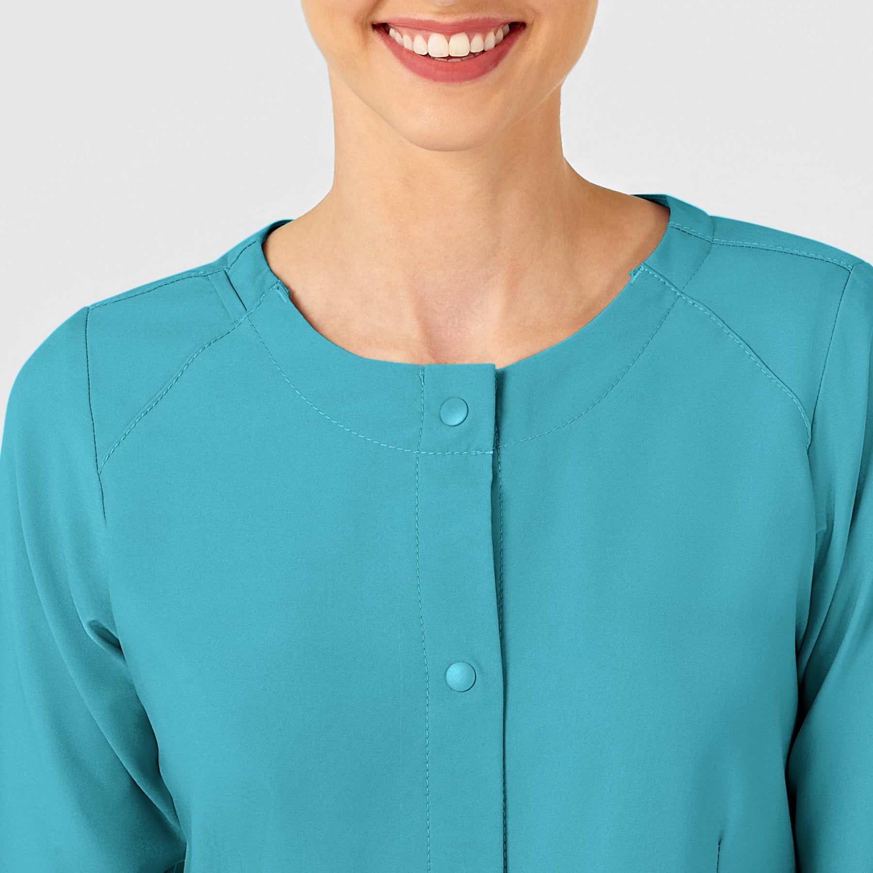 W123 Women's Crew Neck Warm Up Jacket Teal Blue front detail